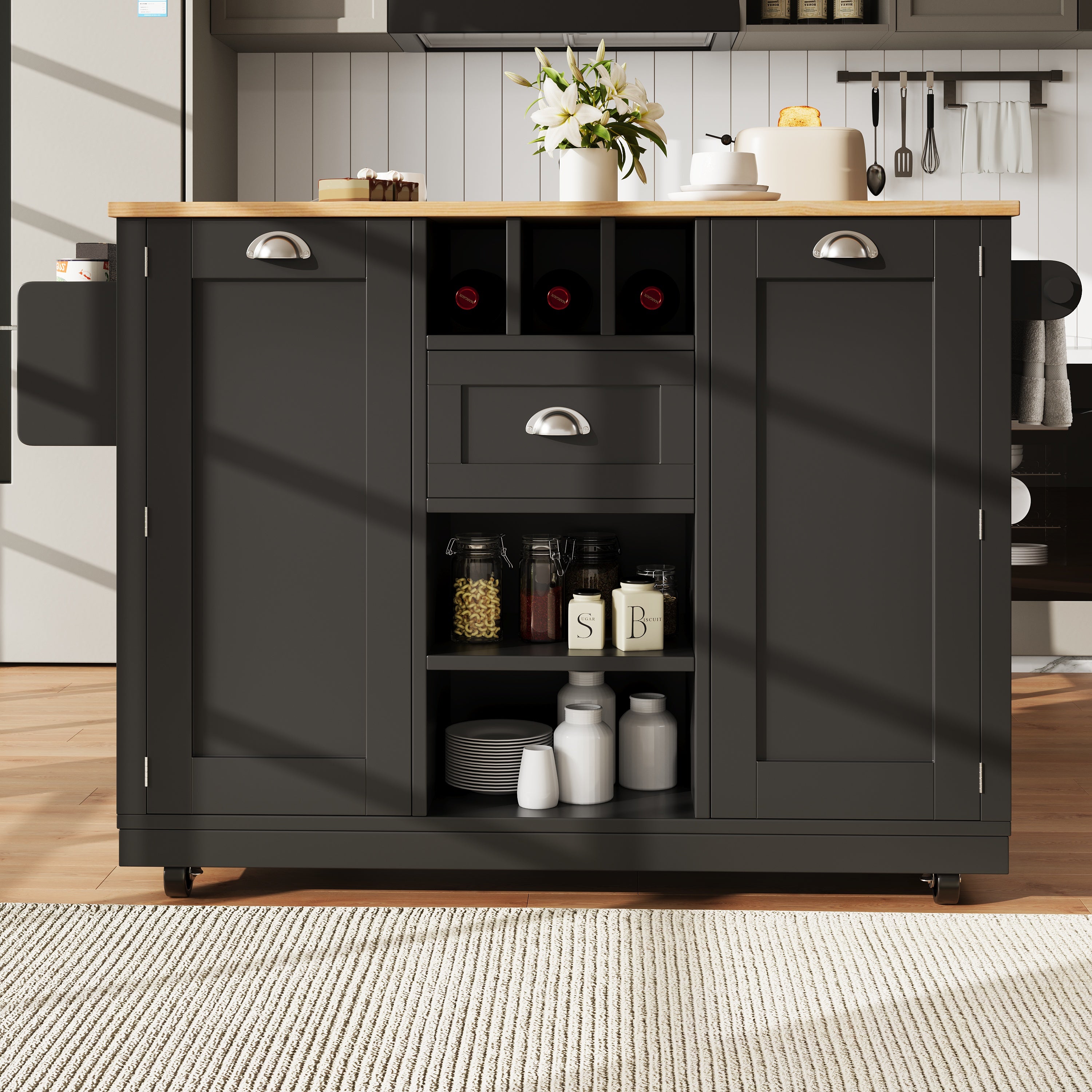 Kitchen Island Dining Trolley with Wine Rack and Casters, Black Wood Grain