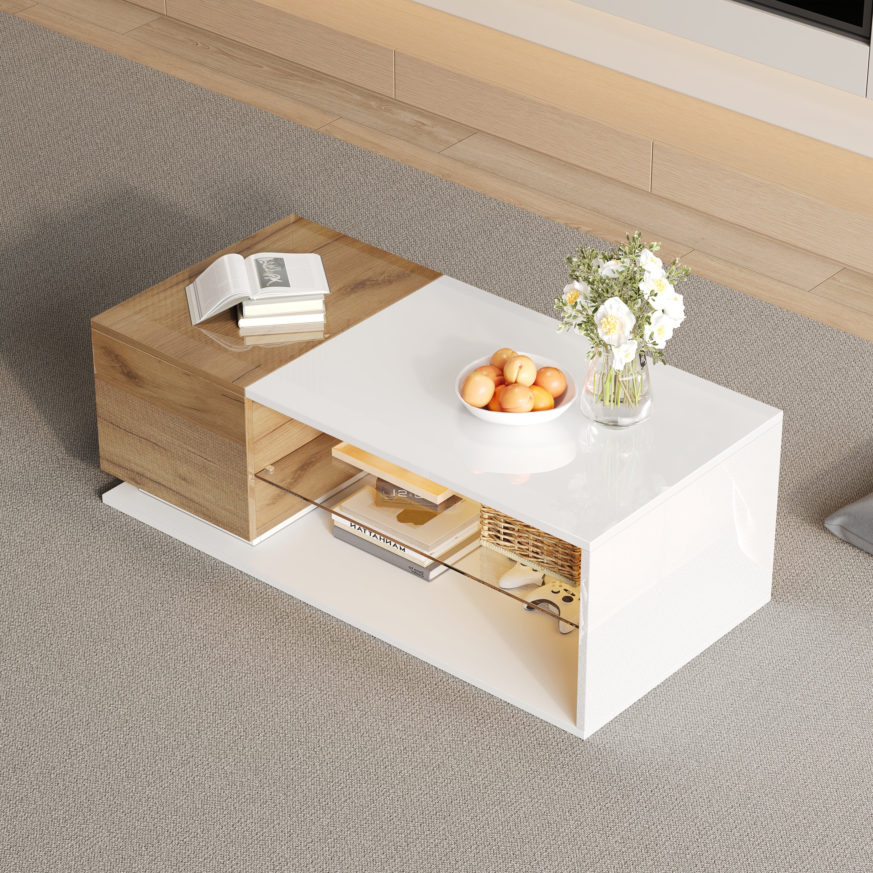 Coffee Table with Open Storage, Glass Shelves and LED, High Gloss White + Wood, MDF + Glass