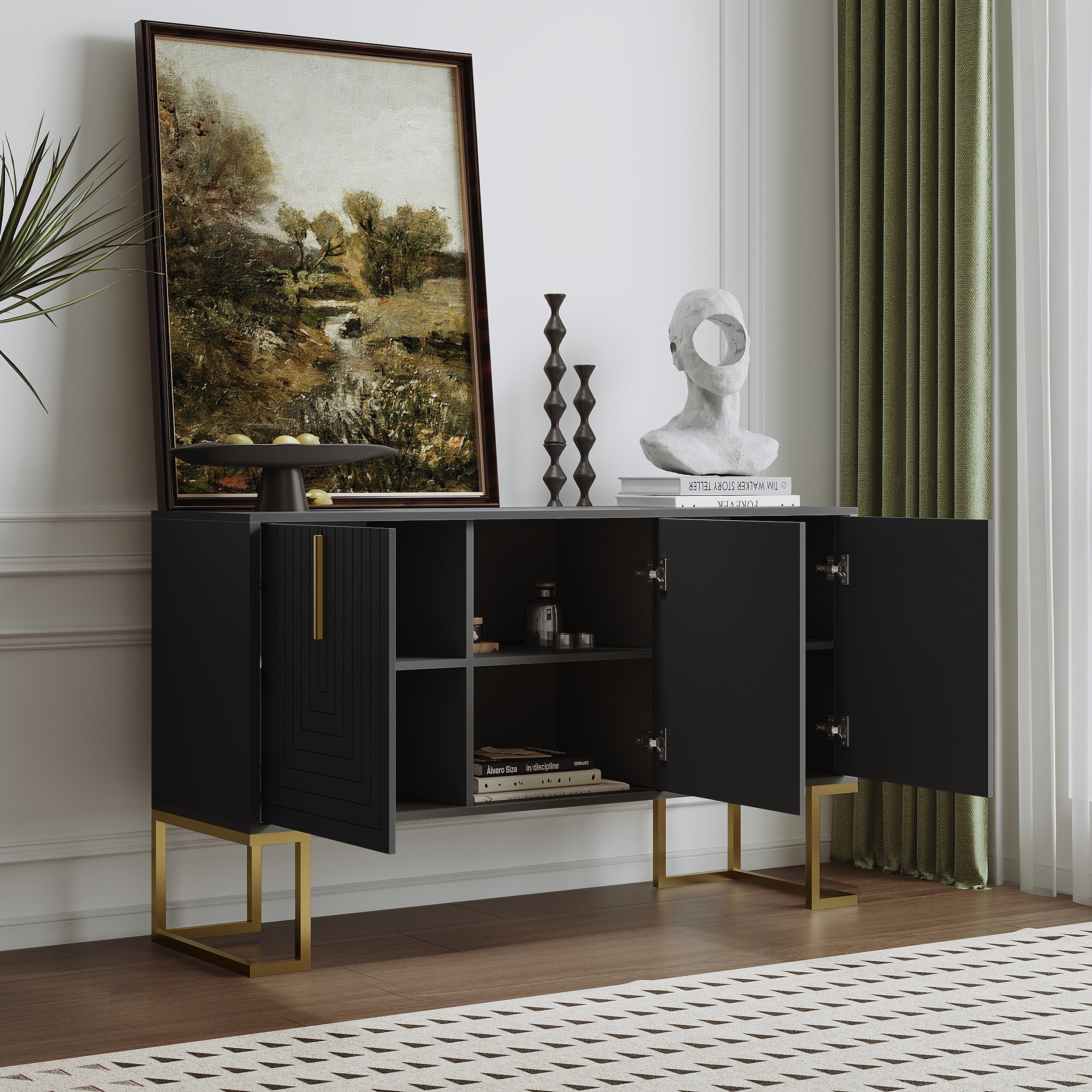 Sideboard, 3-Door with Adjustable Shelves & Metal Handles, Black