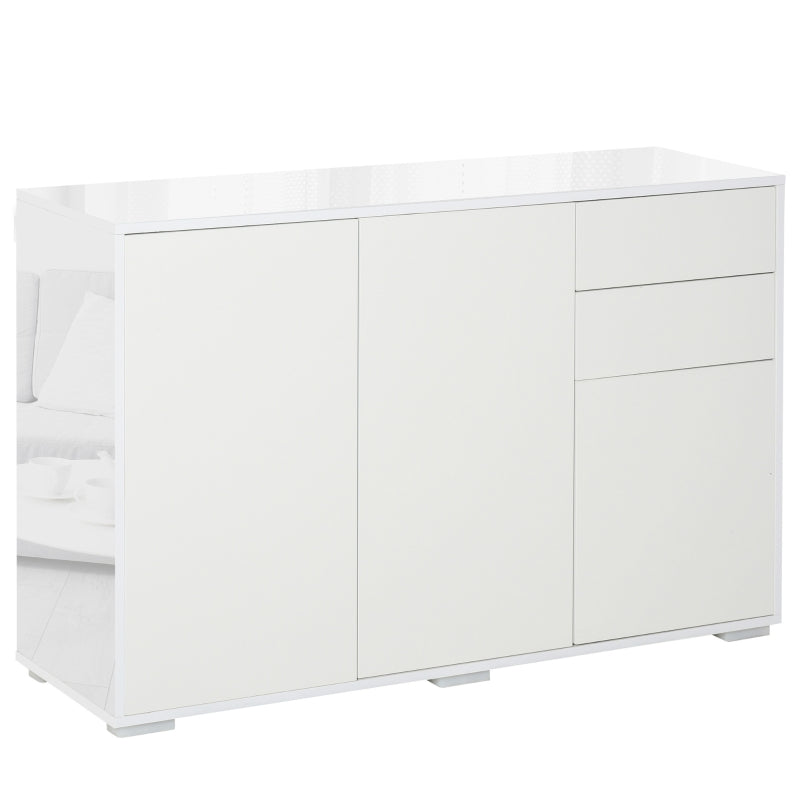 High Gloss Side Cabinet, Push-Open with 2 Drawers and 2 Cabinets, White