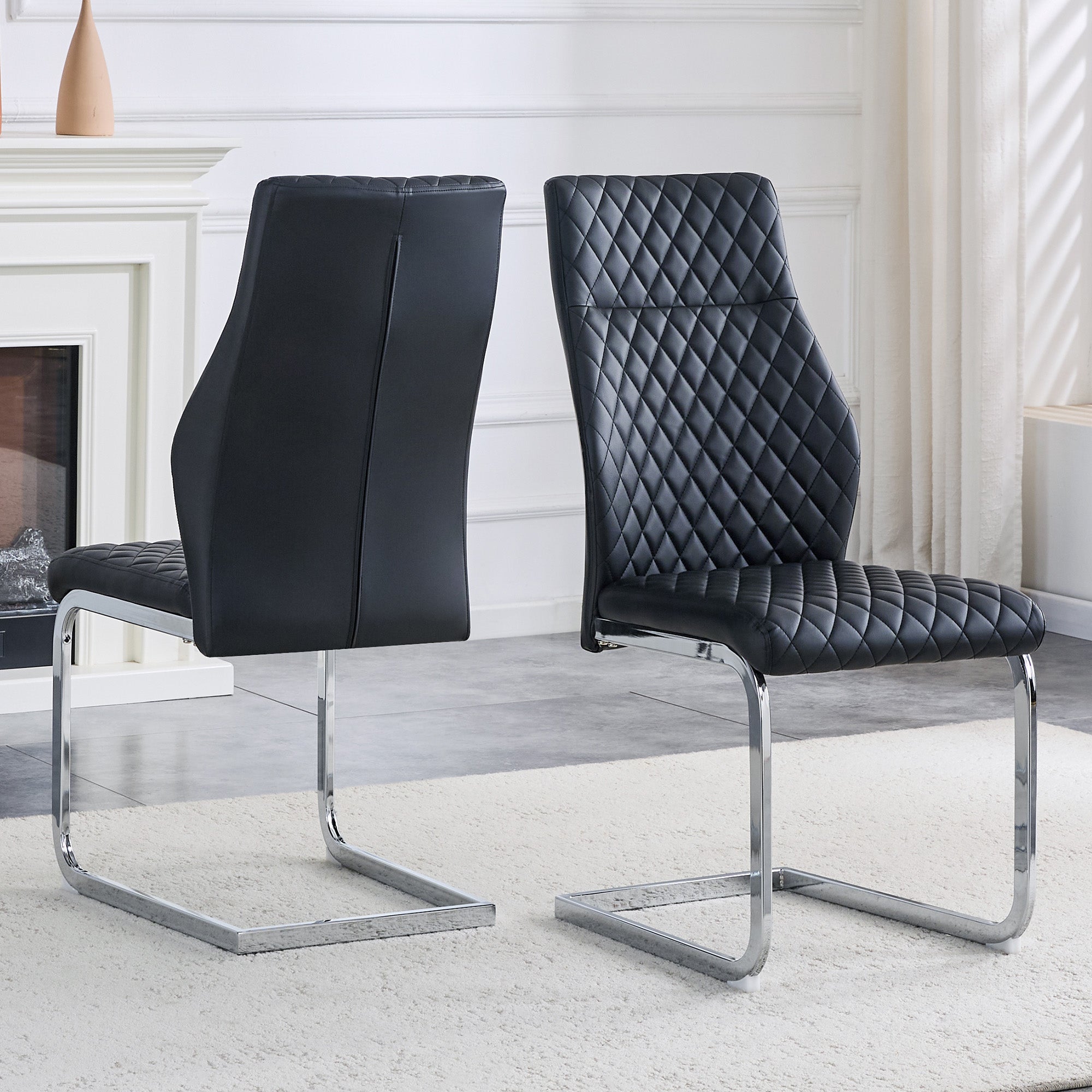 Dining Chair Set of 2, High Backrest and Padded Seat with Metal Frame, Black Diamond Pattern