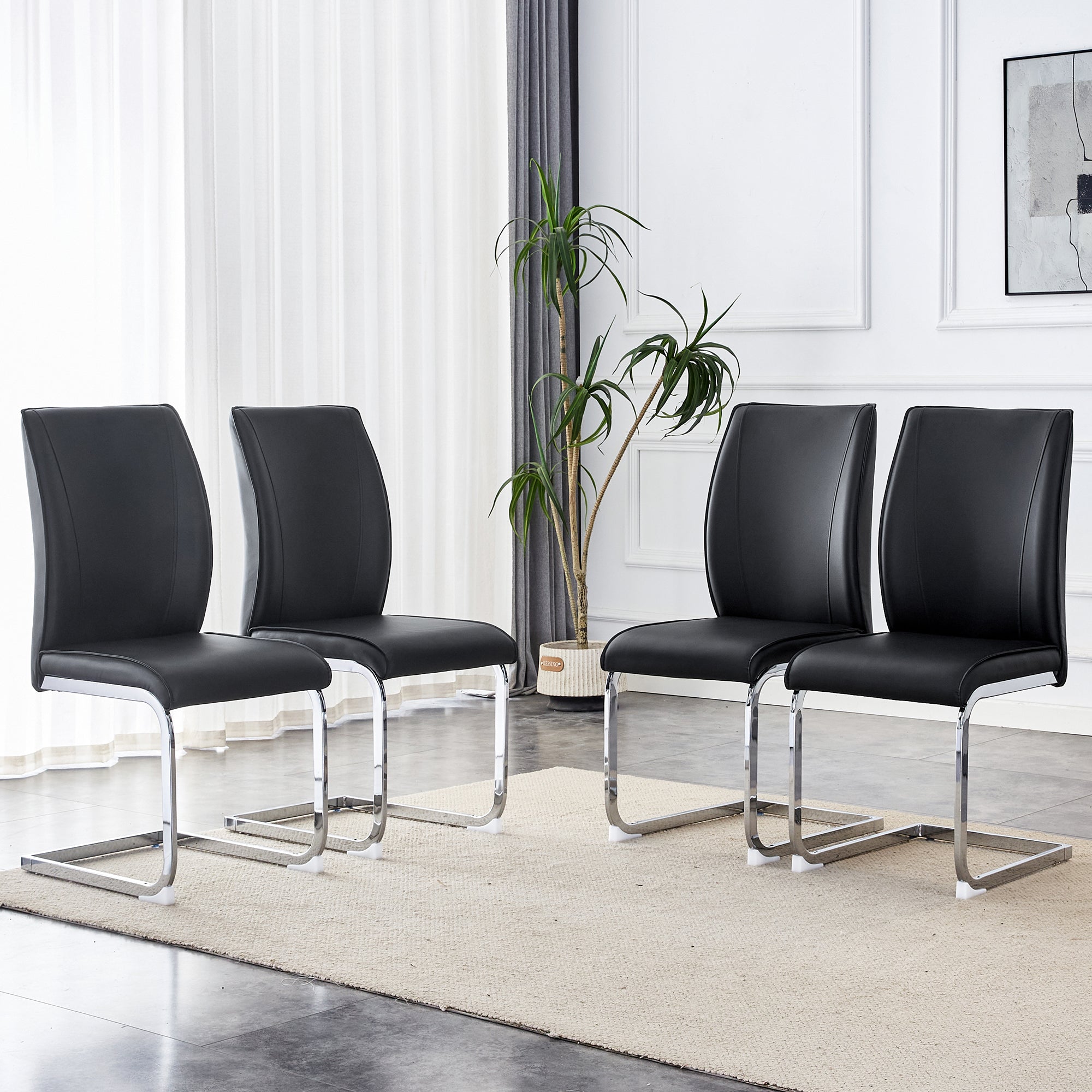 Chairs (Set of 4), Comfortable with Silver Metal Legs, Black PU