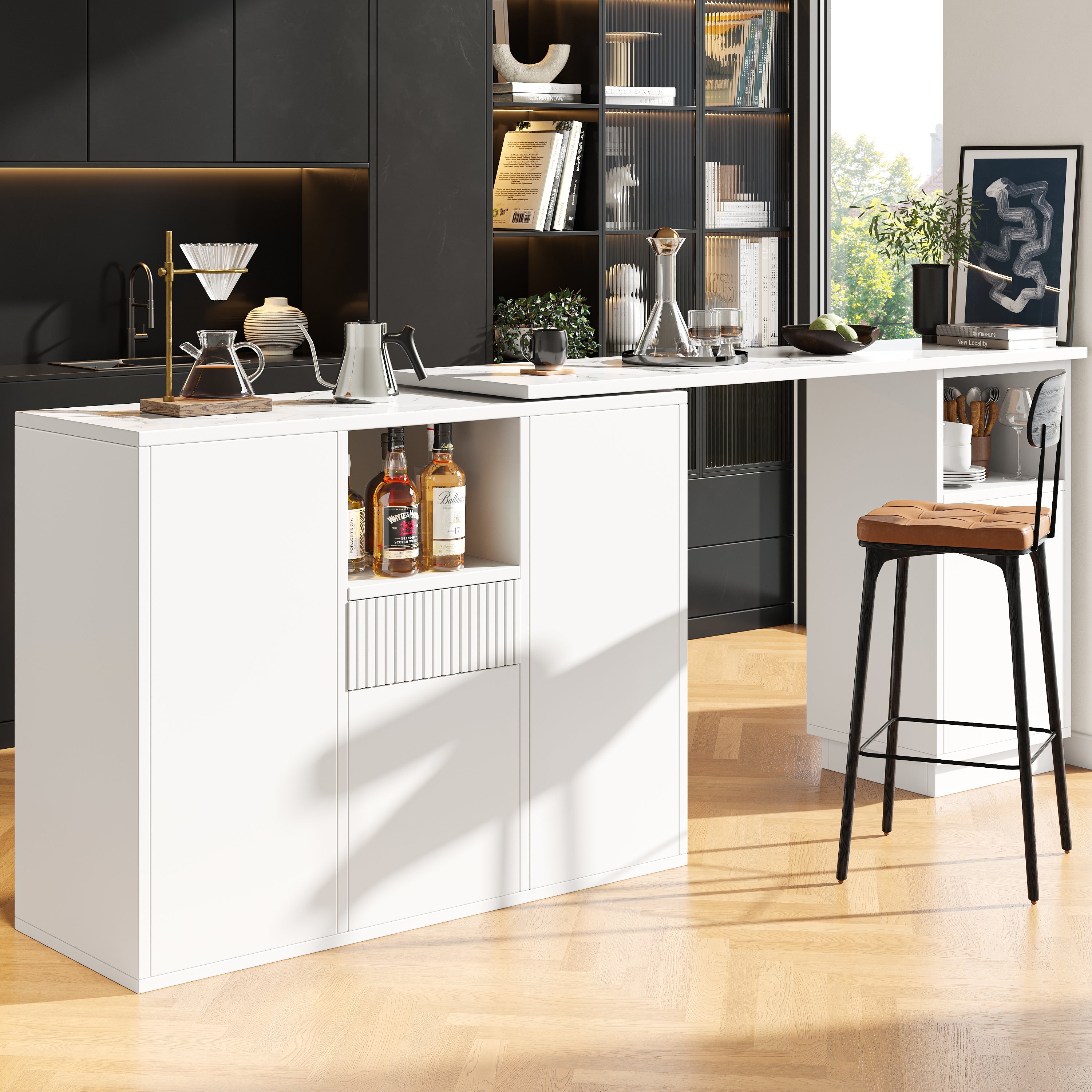 360° Swivelling Bar Table with Open Storage and Marble Worktop, White