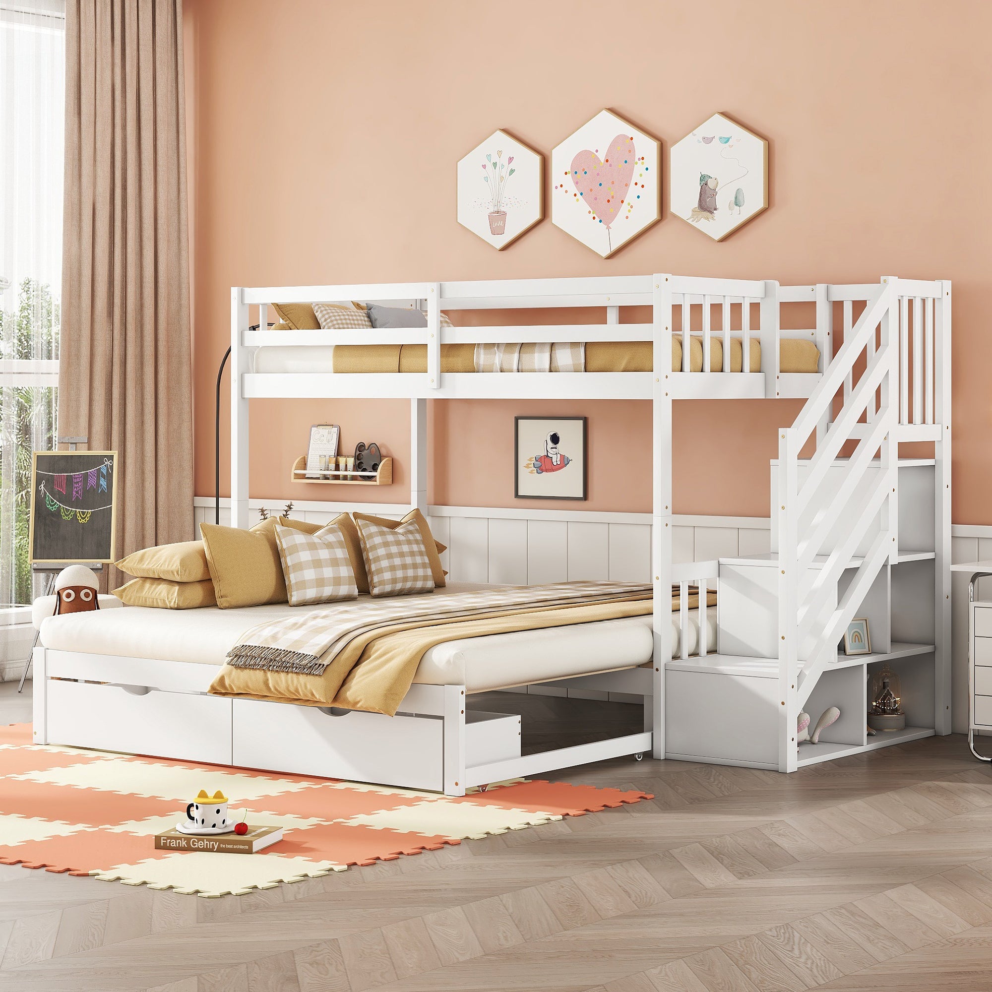 Bunk Bed 90x200cm, Pull-Out Bed, Stowable Steps, 2 Drawers, Pine Wood, White