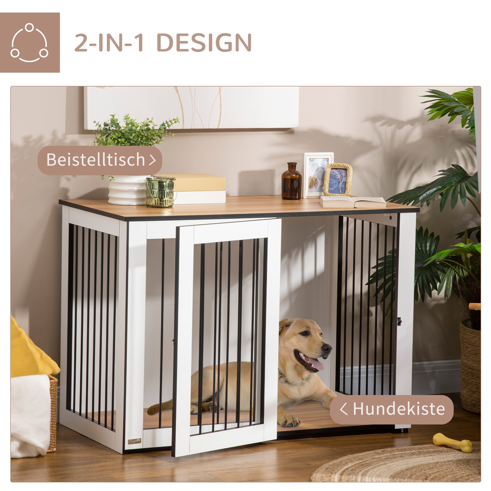 Indoor Dog Cage, Lockable Doors, Chipboard, Dark Walnut + White