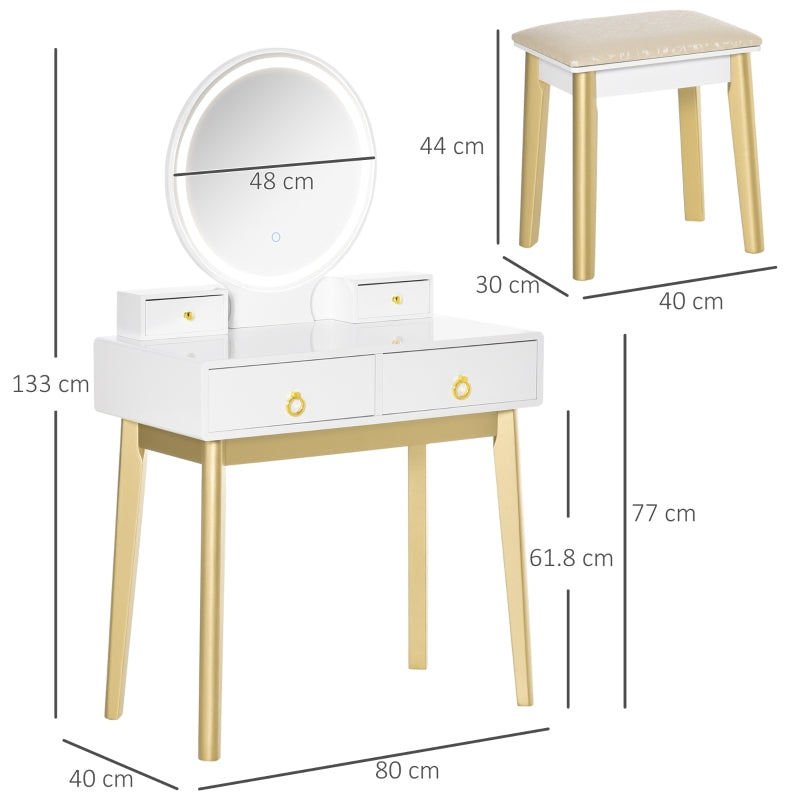 Dressing Table Set with 3 Color LED Mirror, 4 Drawers, and Stool, White