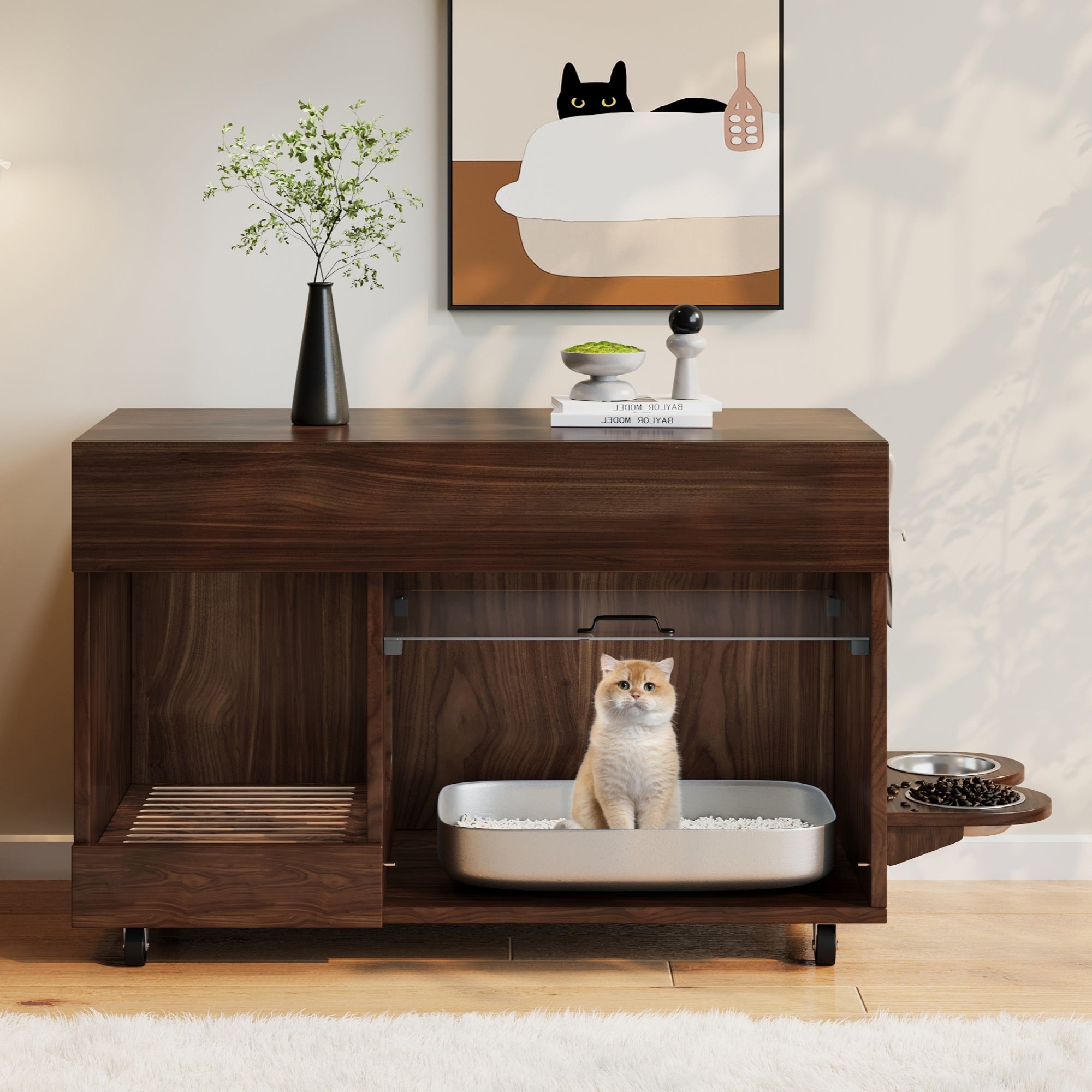 Mobile Cat Litter Box Cabinet with Food Bowls, Sand Tray, Pegboard - Walnut