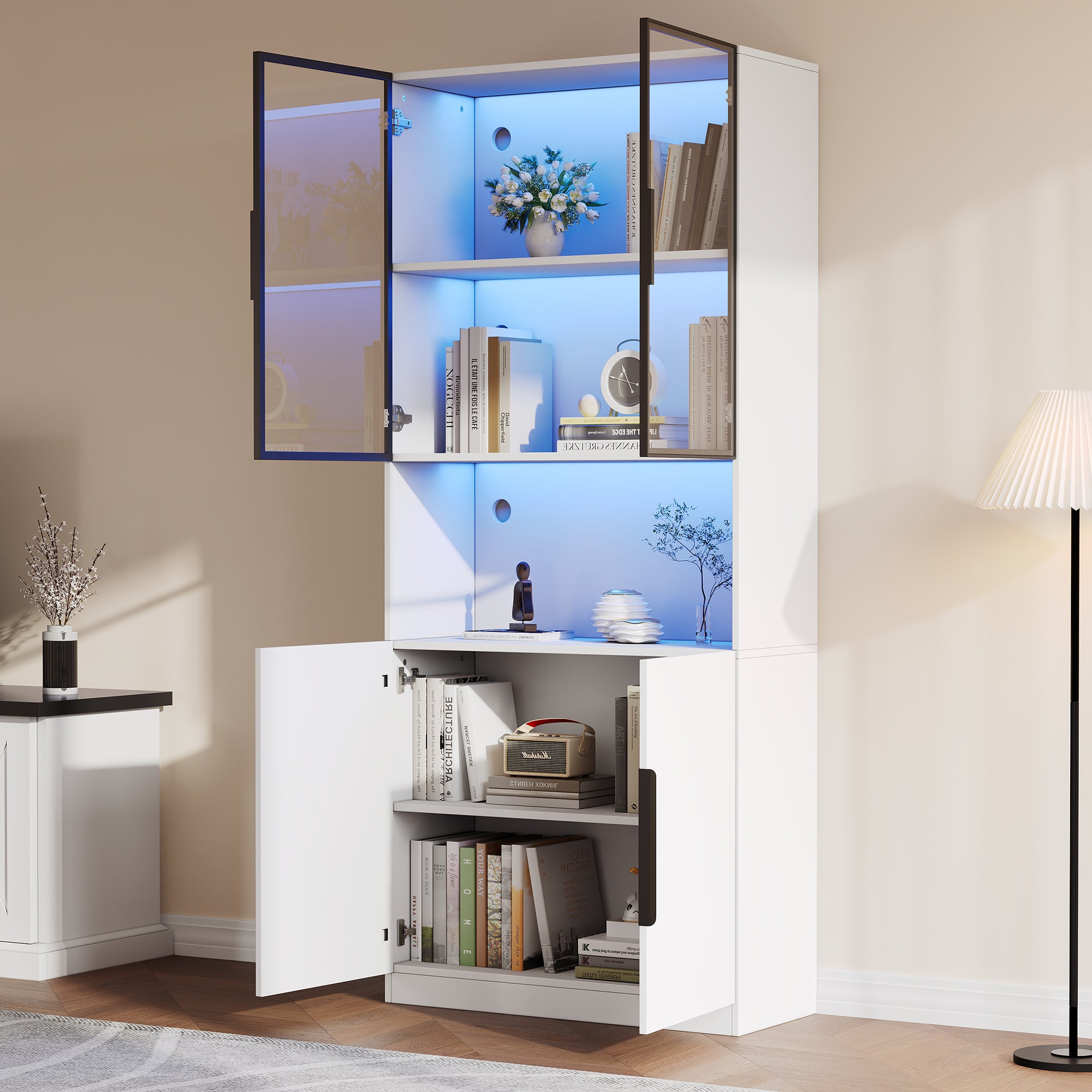 Display Cabinet, Glass Doors LED Lights Bookshelf, White