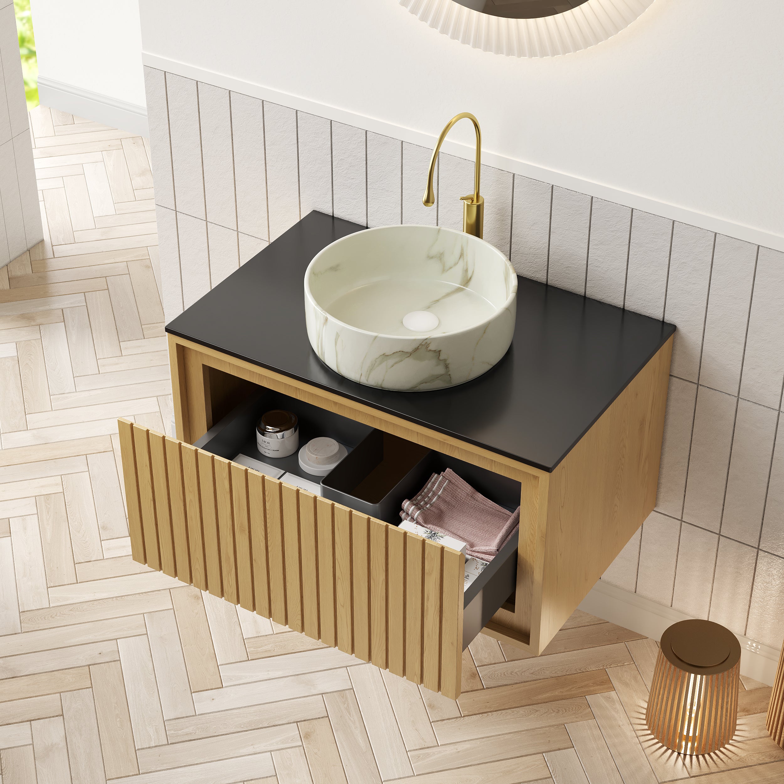 Wall-Hung Bathroom Sink with Sintered Stone Countertop and Ceramic Basin, Corolla Oak Wood Grain