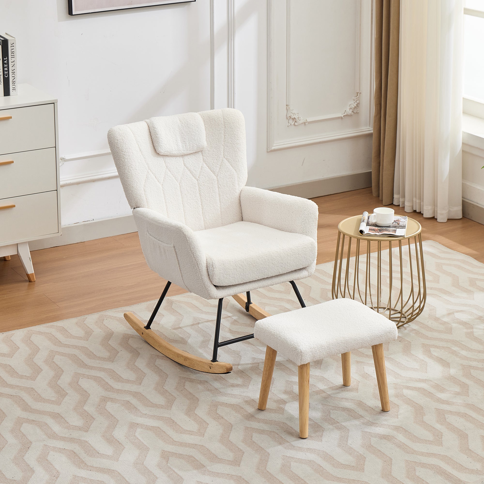 Ergonomic Rocking Chair with Footstool, High Backrest, 30-degree Rock, White Rubberwood