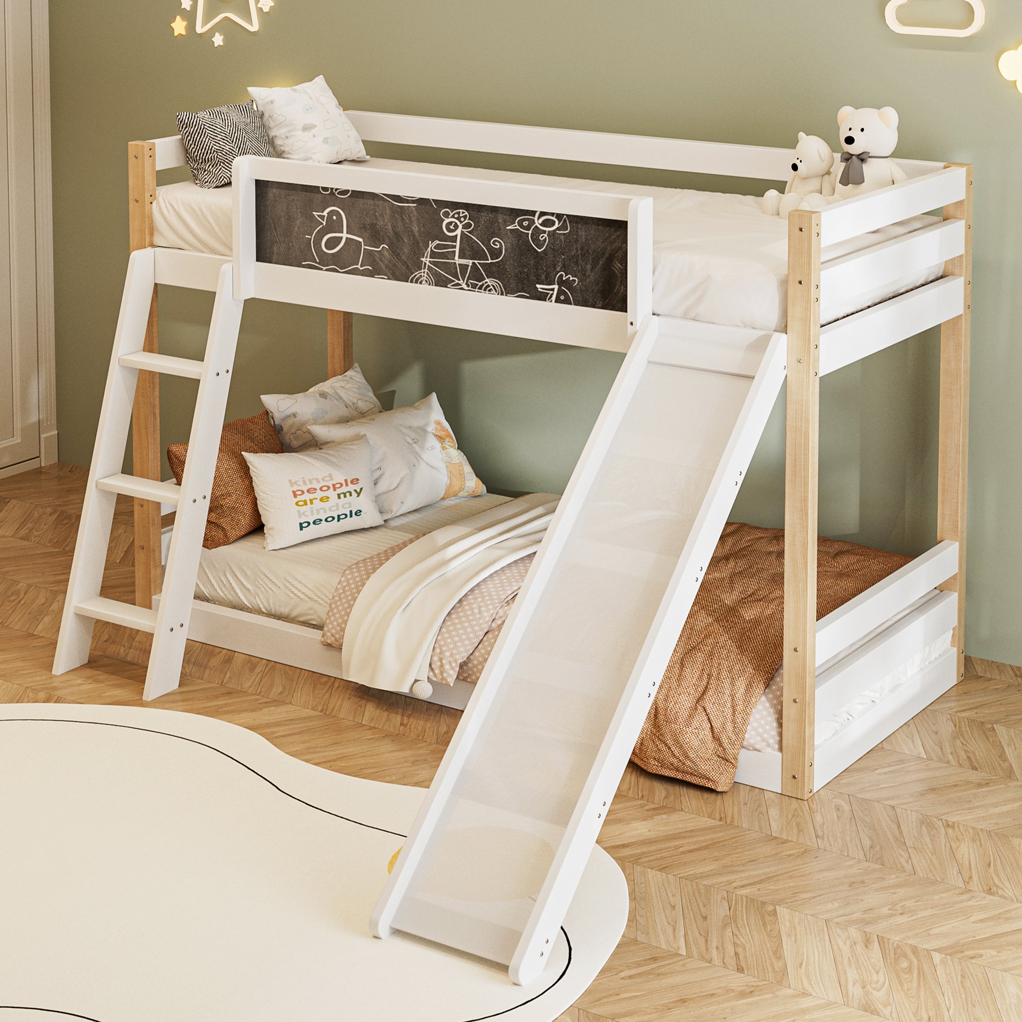 Bunk Bed for Children with Slide & Stairs, Safety Rail, Wood+PB Frame