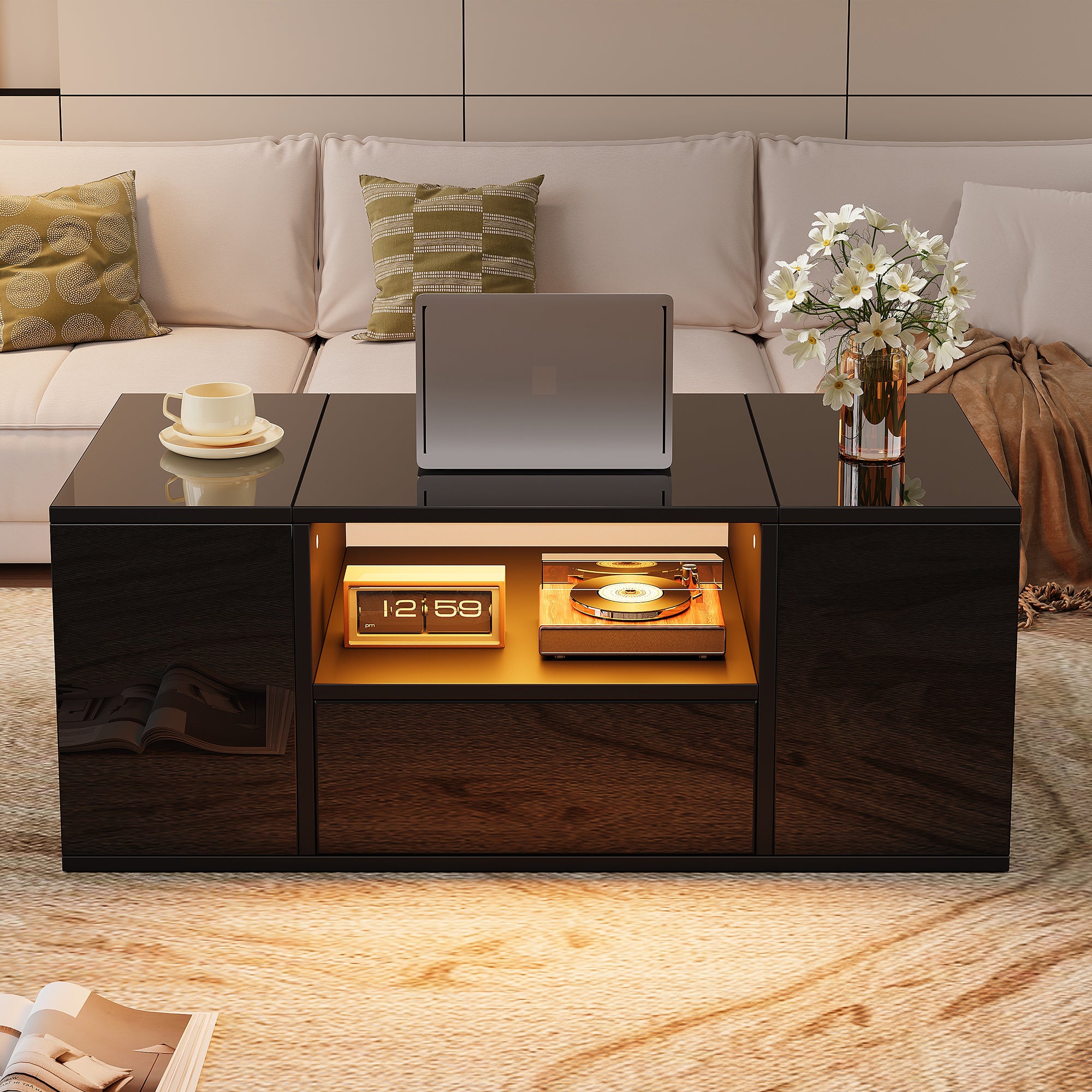 Coffee Table 100x50x40cm High-Gloss LED 1 Drawer 2 Cabinets - Black