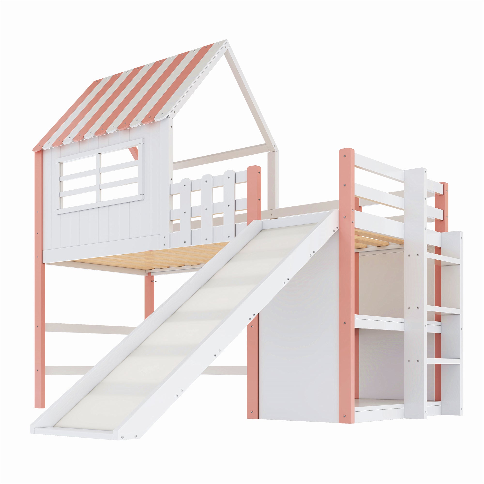 Children's Bed, Attic Design with Safety Ladder & Slide, Multi-Level Storage, Solid Wood, Pink