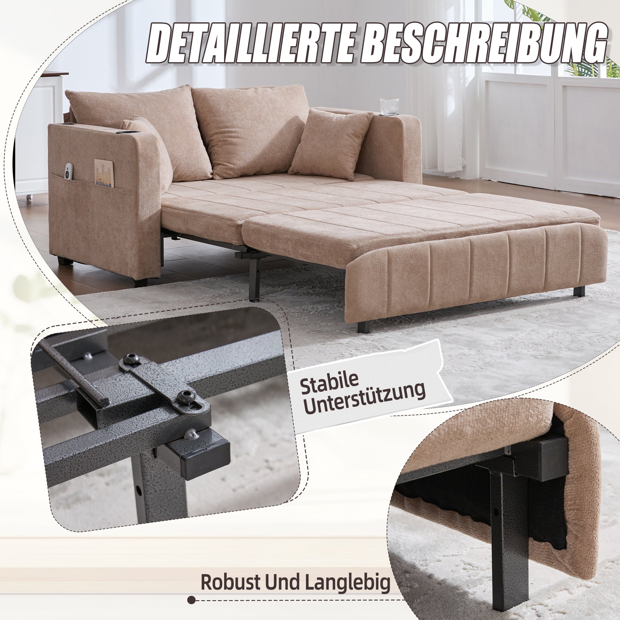 Multifunctional Sofa, Folding Pull-Out with Storage & USB, Fabric