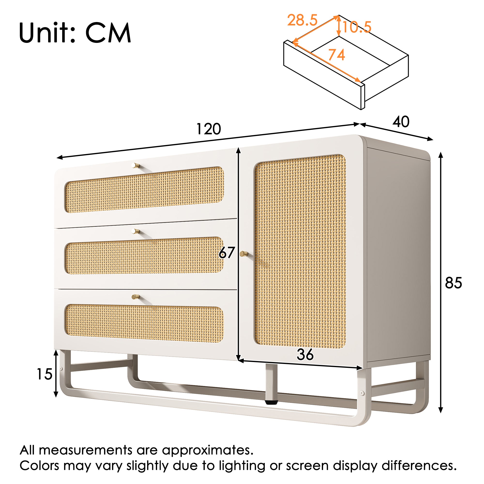 Chest of Drawers with Rattan & Gold Handles, 3 Drawers 1 Door, White Country Style