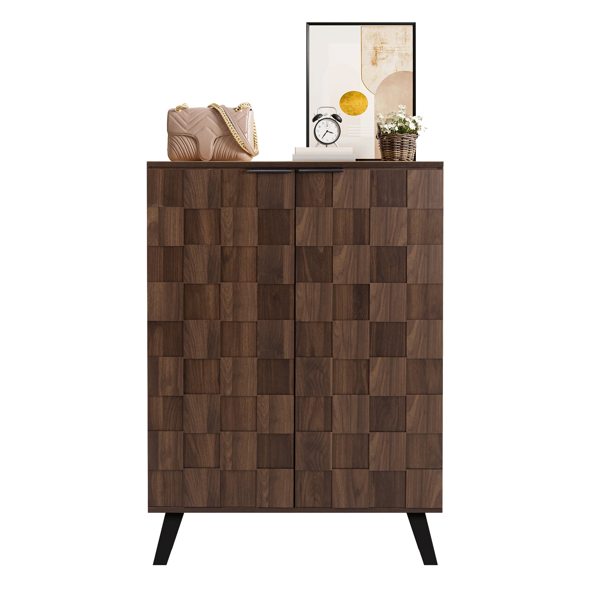 Sideboard Shoe Cabinet, 5 Compartments Adjustable Shelves, Dark Wood Grain