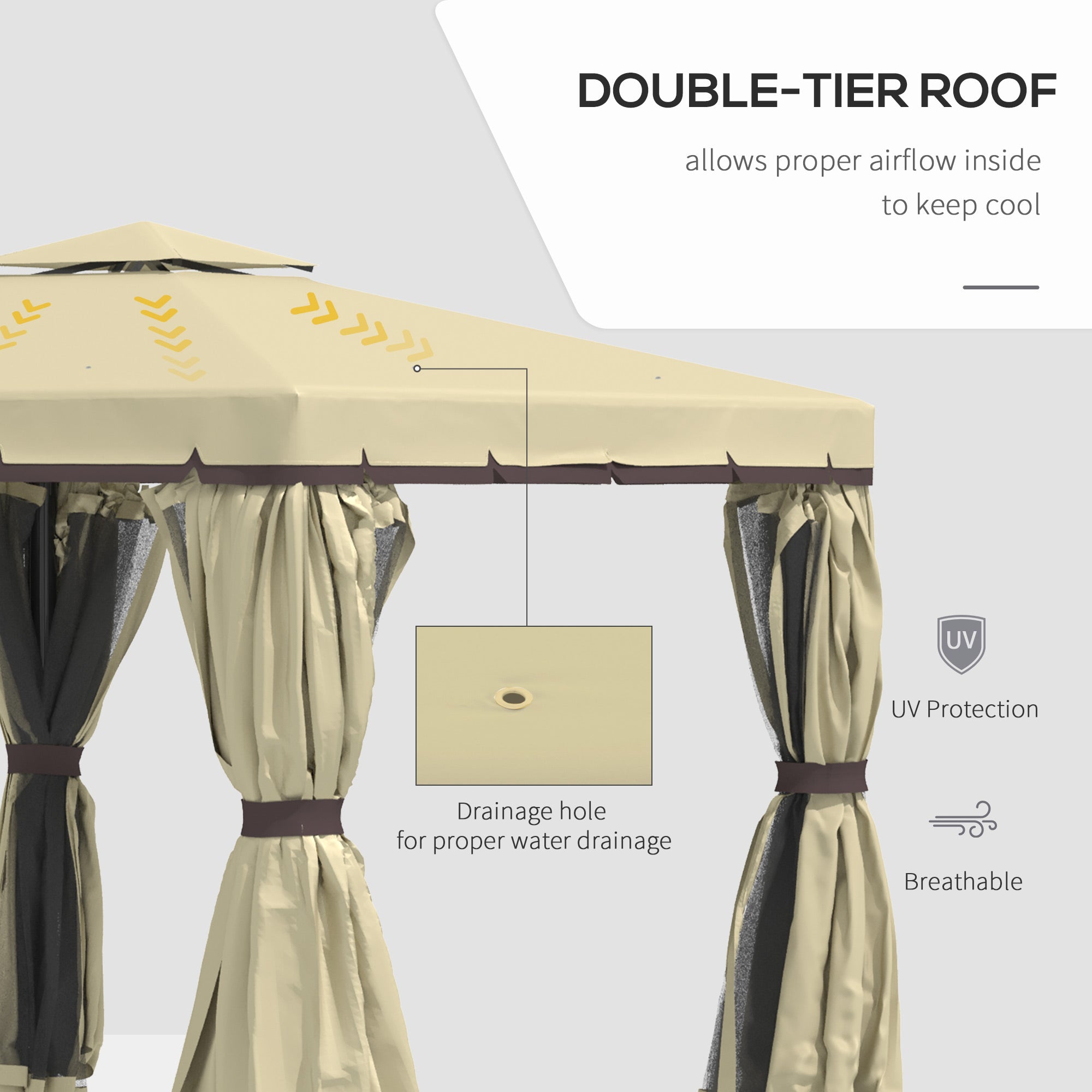 Patio Gazebo Canopy, 3 x 3m, 2 Tier Roof, Netting & Curtains, Beige Aluminium Frame