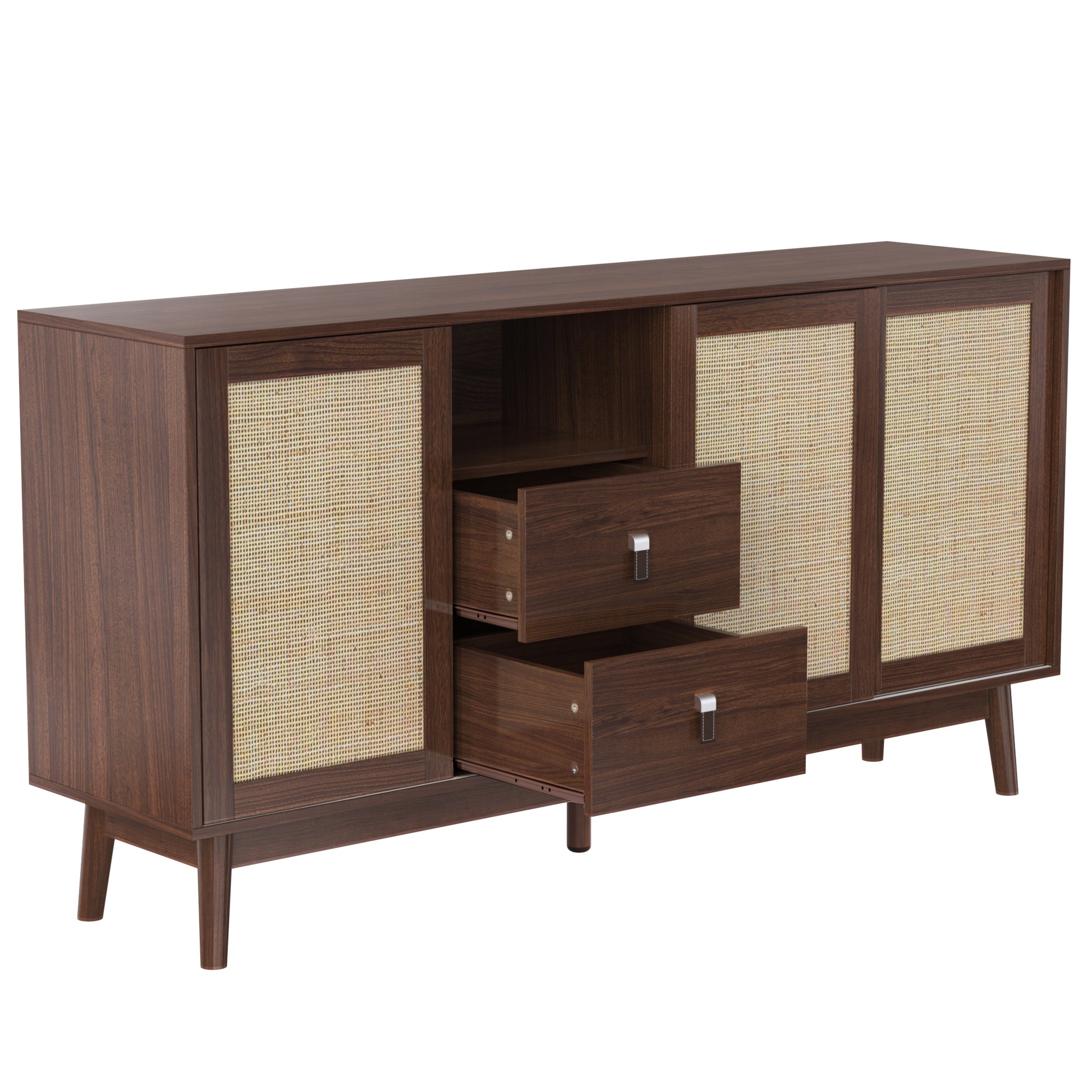 Sideboard, 3 Sliding Rattan Doors, 2 Drawers, Dark Wood