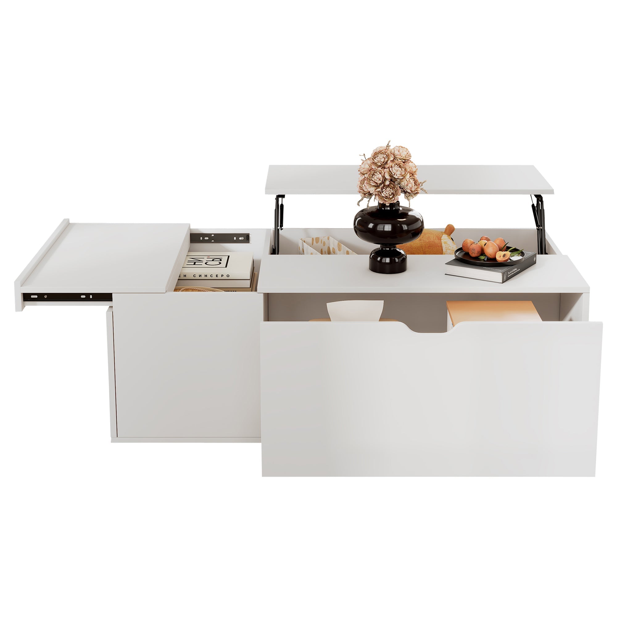 Lift Up Coffee Table with Drawer, Wooden, White