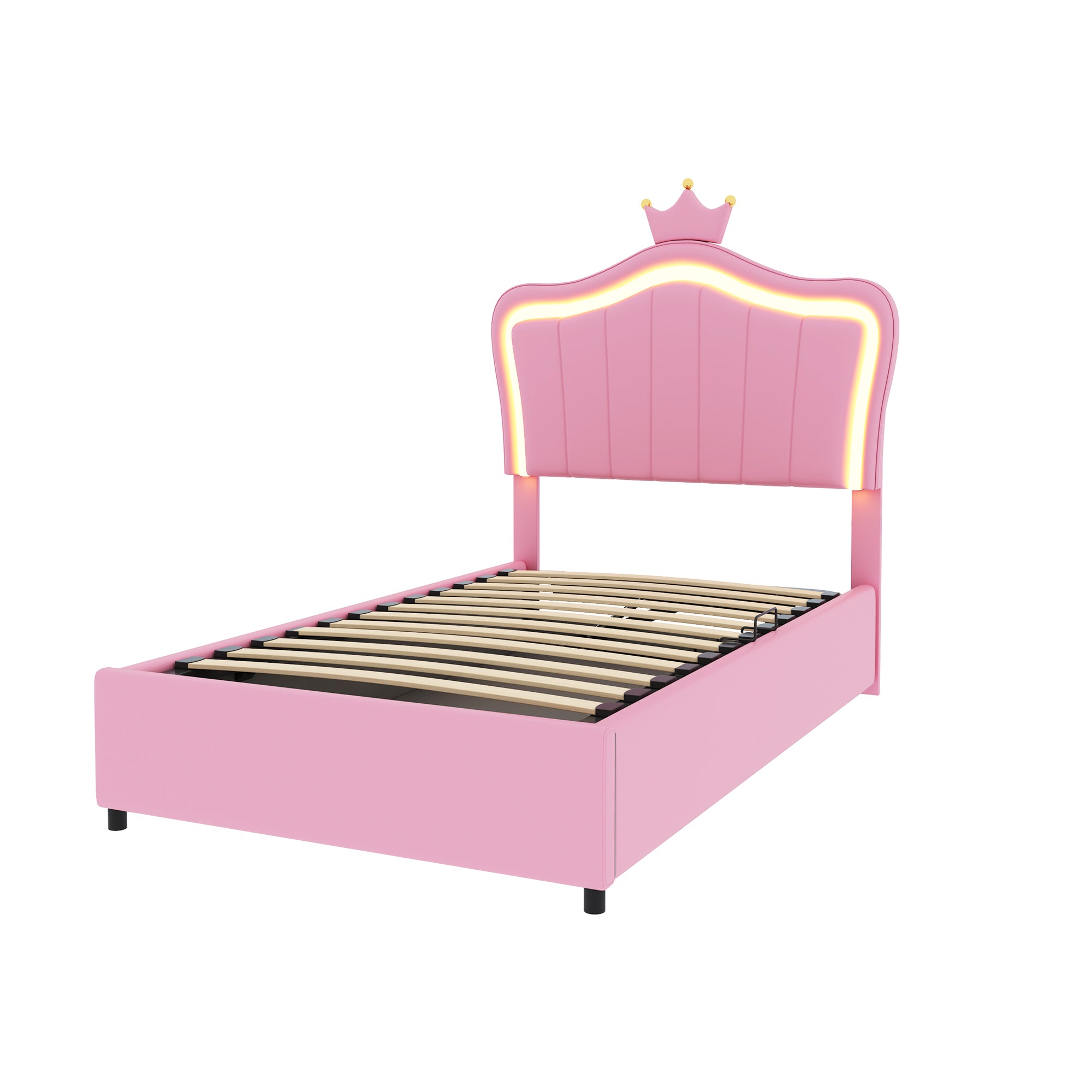 N623P171461H Upholstered Children's Bed Seashell Headboard LED Storage White/Pink Faux Leather