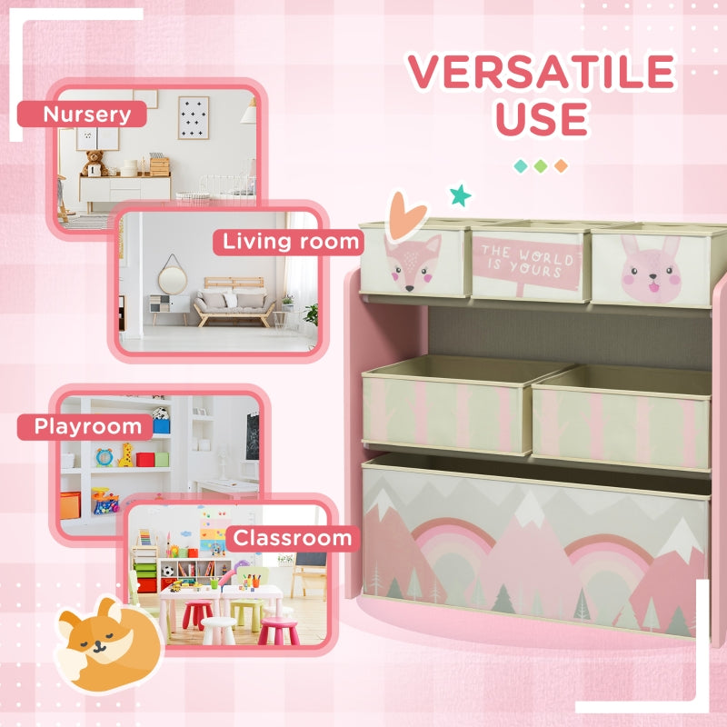 Kids Storage Unit, Toy Organiser with Six Fabric Bins - Pink