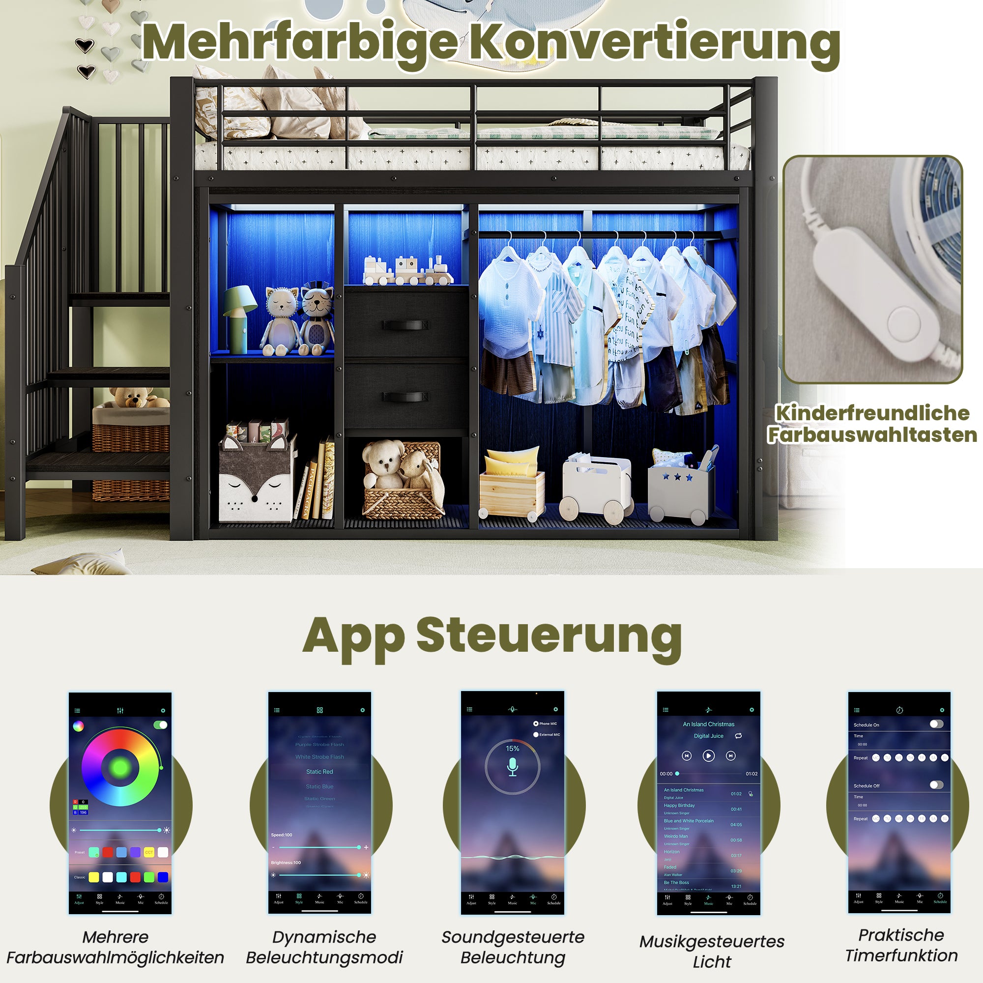 Mid-Height Bed 90x200cm 2 Drawers Open Wardrobe LED Storage - Black