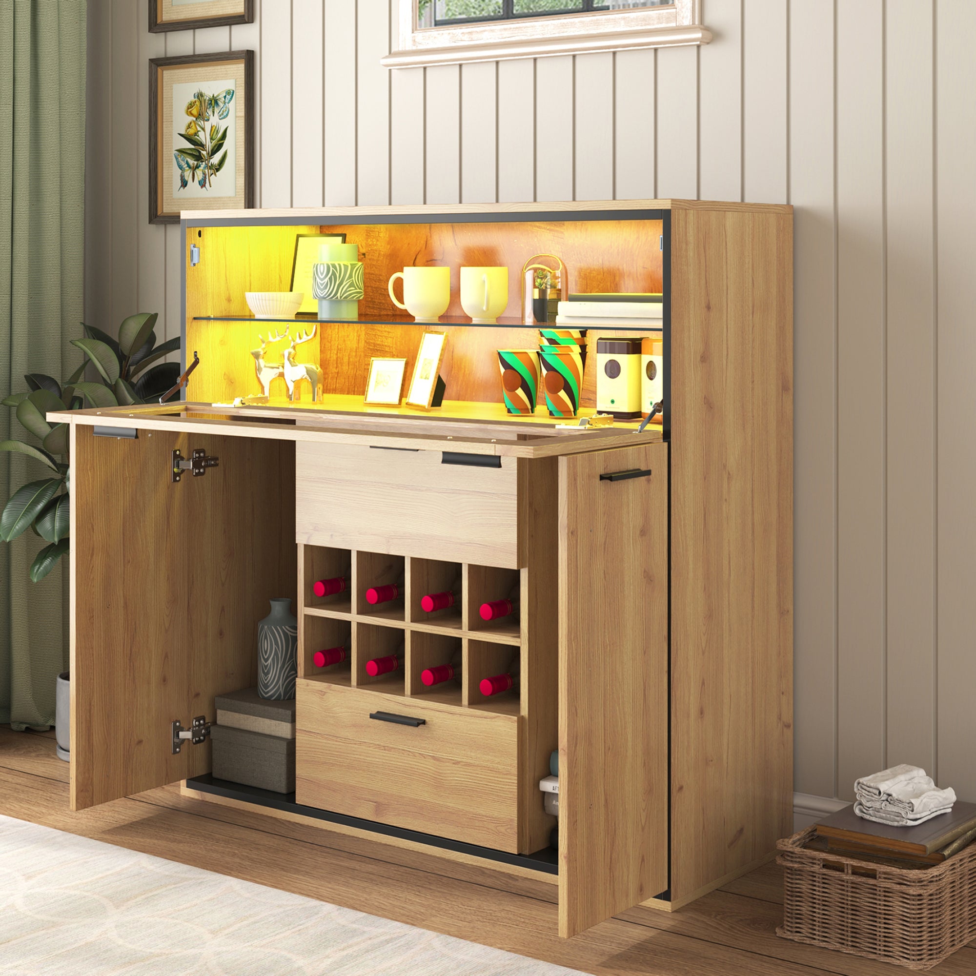 Sideboard, Elegant Wine Cabinet with Double Doors, Glass Shelf & Wine Holder