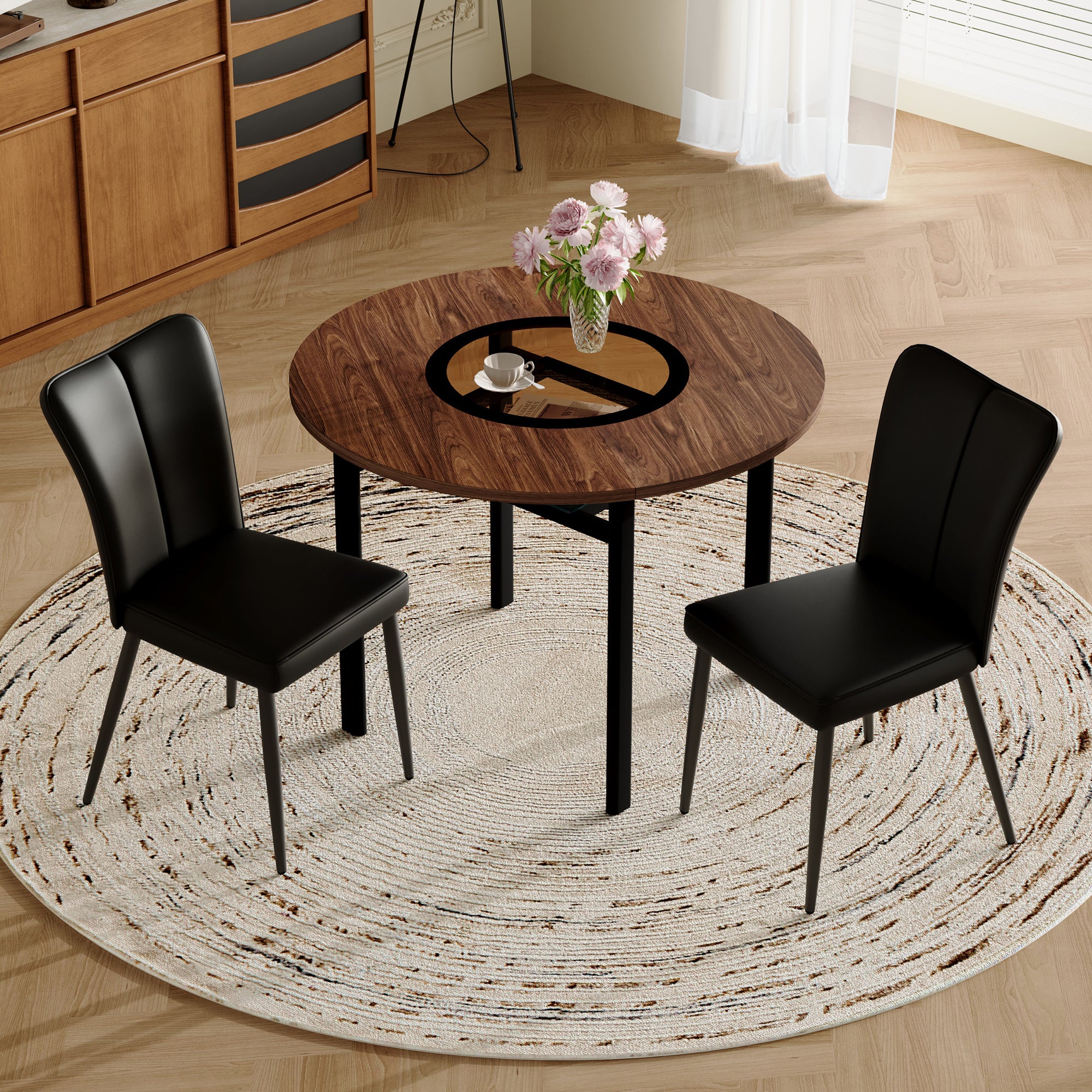 Modern Minimalist Round Dining Set (100cm Table, 2 Chairs), Wood Look/Black PU