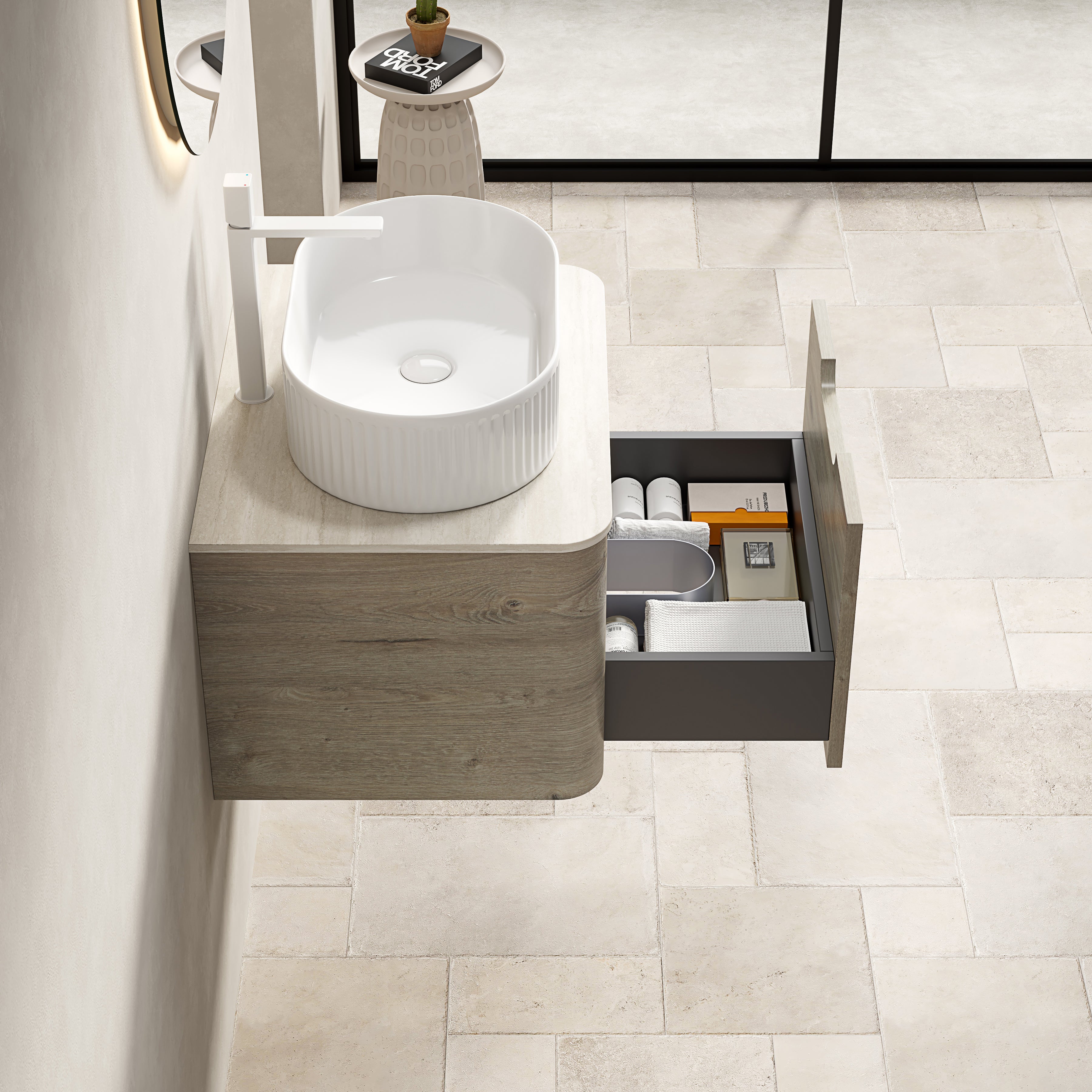 Floating Bathroom Vanity Unit with Oval Sink and Sintered Stone Top, Oak Cream Wood Grain