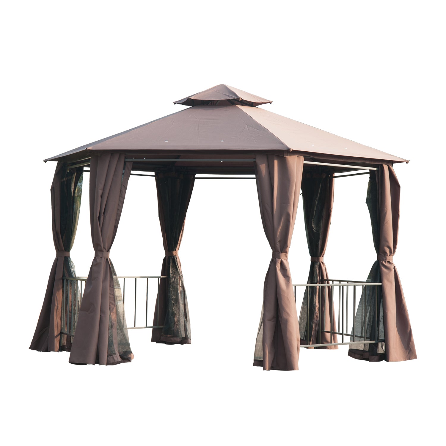 3 x 3m Hexagon Gazebo Patio Canopy Party Tent 2 Tier Roof Side Panel Brown