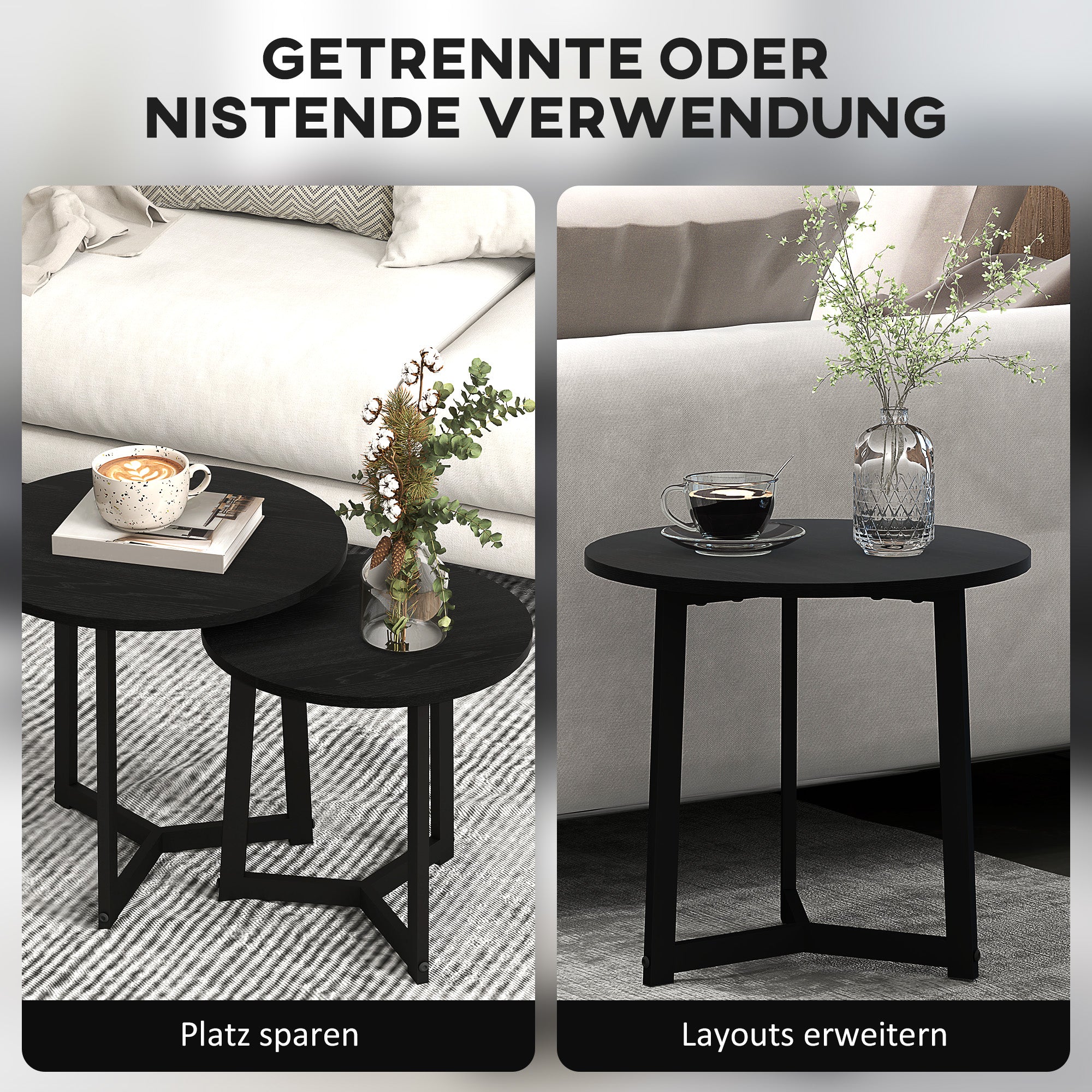 2-Piece Coffee Table Set Round Side Steel Frame, Black