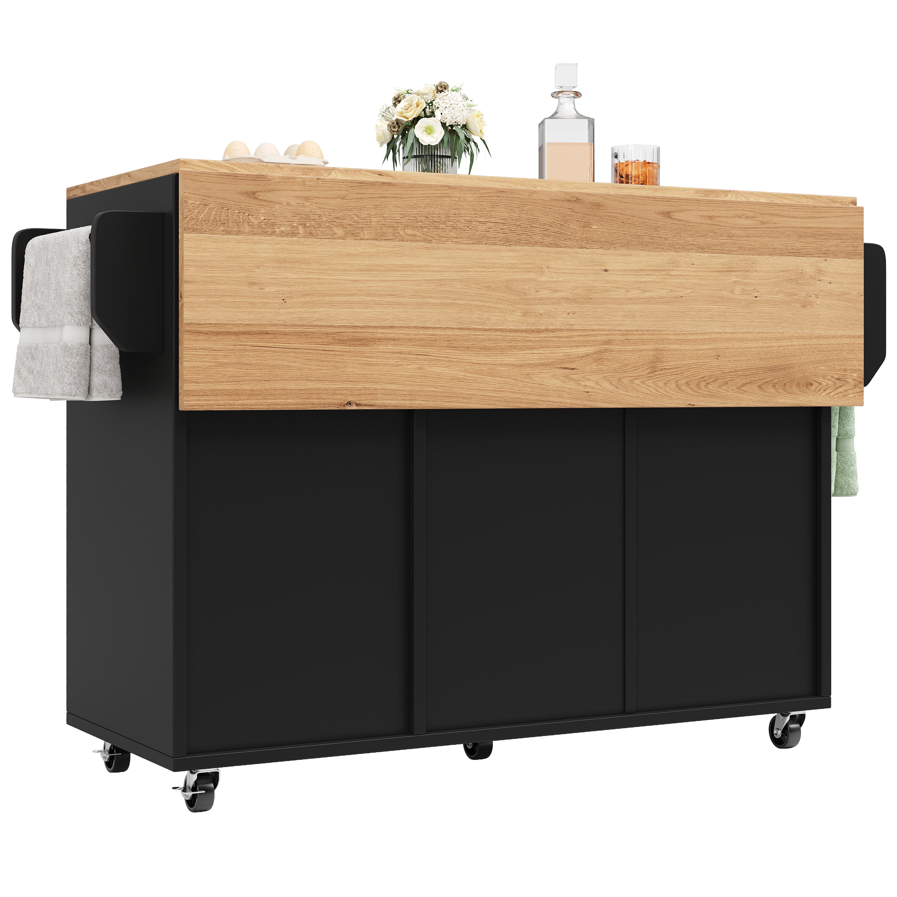 Multifunctional Kitchen Island Dining Table with Storage, Snack Shelves, Wood Grain Black
