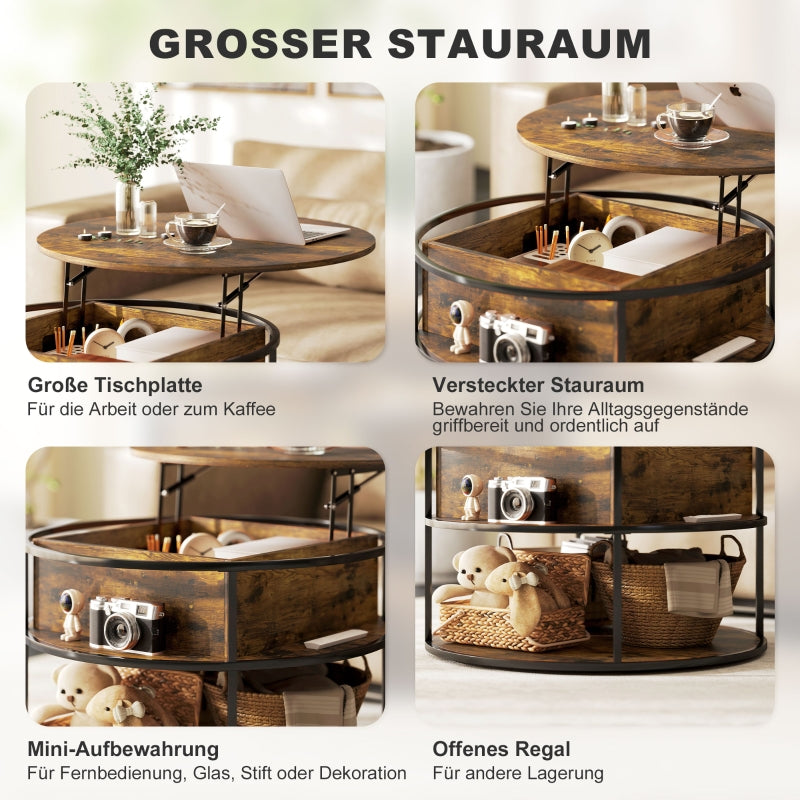 Round coffee table, height adjustable, with shelf and storage, brown