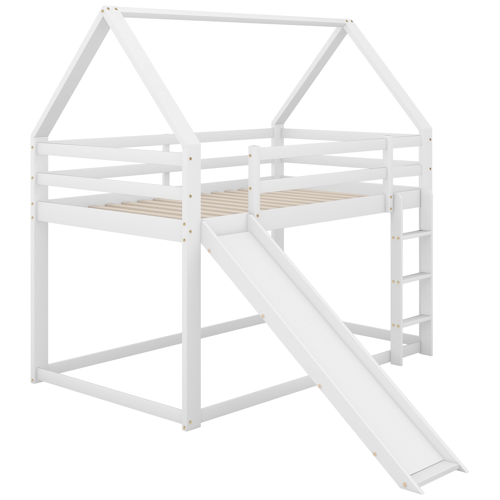 Single House Bunk Bed with Slide and Ladder, 90x200cm, White