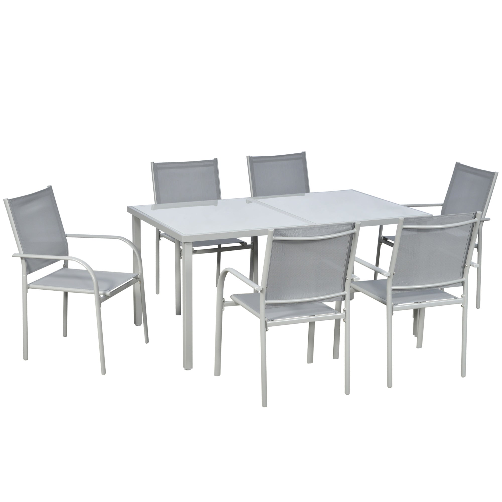 7 Piece Garden Dining Set, Table with 6 Stackable Chairs, Steel Frame & Tempered Glass, Grey