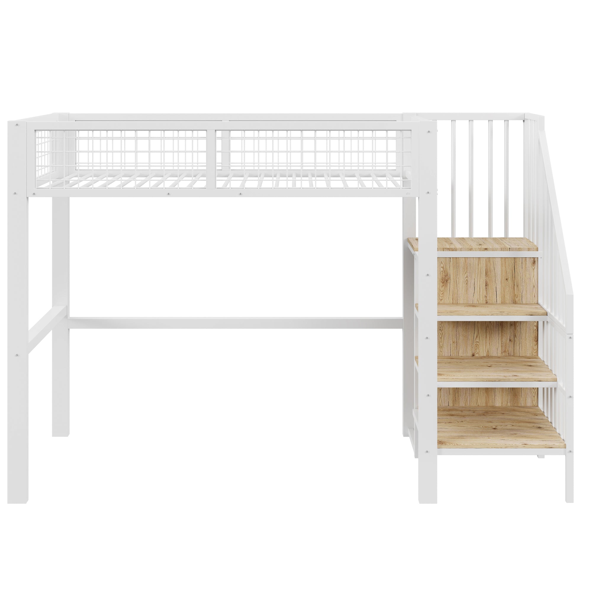 Loft Bed with Ladder, Iron Frame & Storage Shelf, White