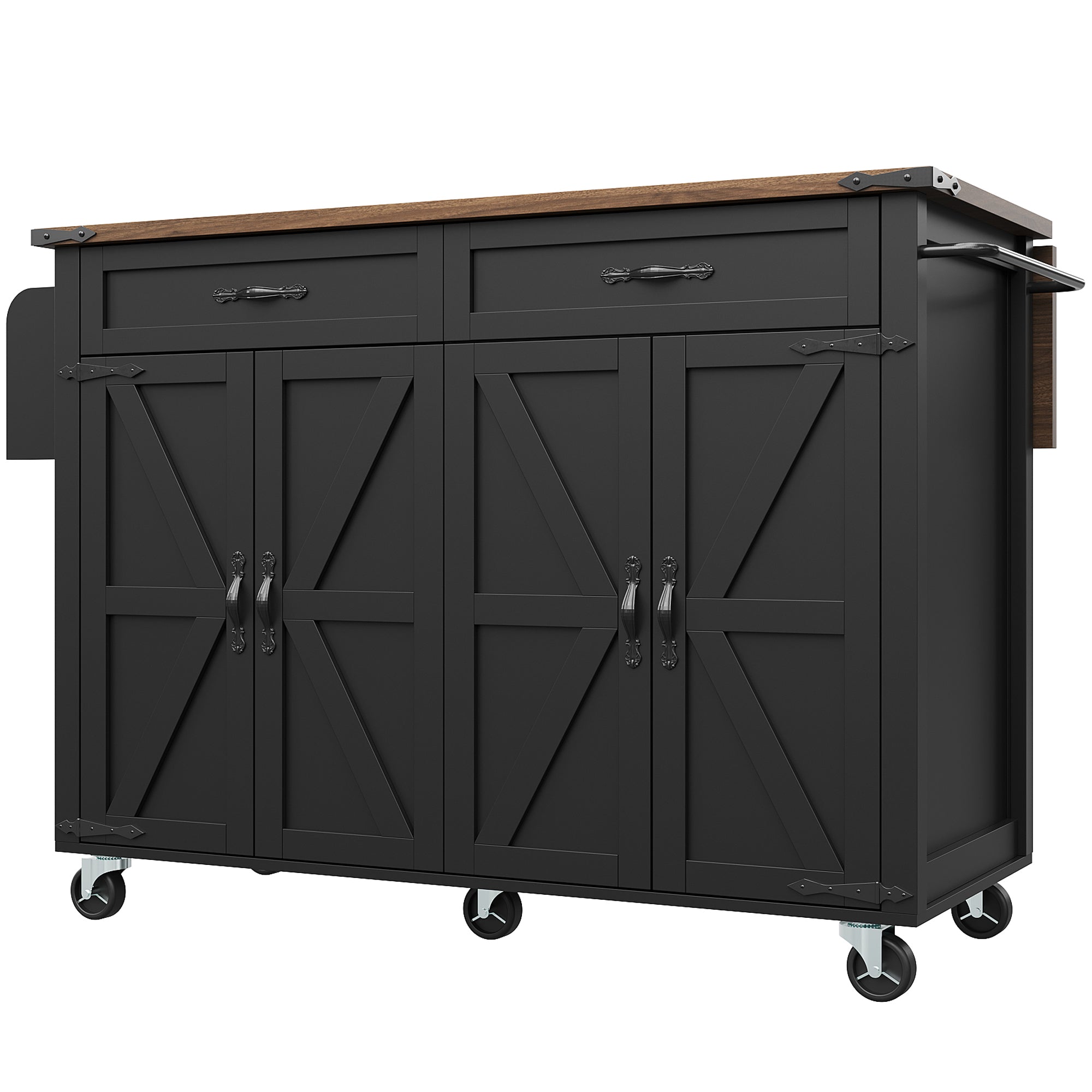 Kitchen Island Serving Trolley with Pull-out Worktop 4 Doors 2 Drawers Wood Grain Finish Black