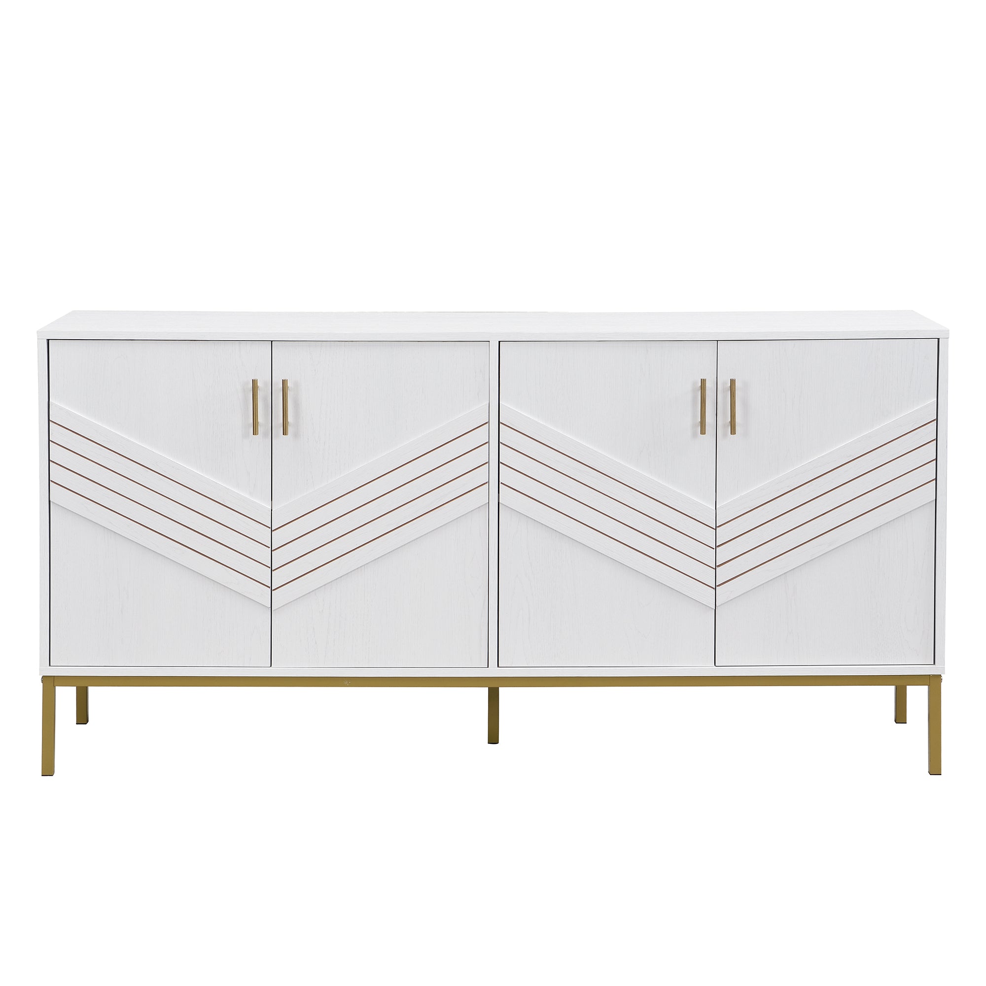 Sideboard, 4 Doors, Large Capacity, Height-Adjustable, White & Gold MDF