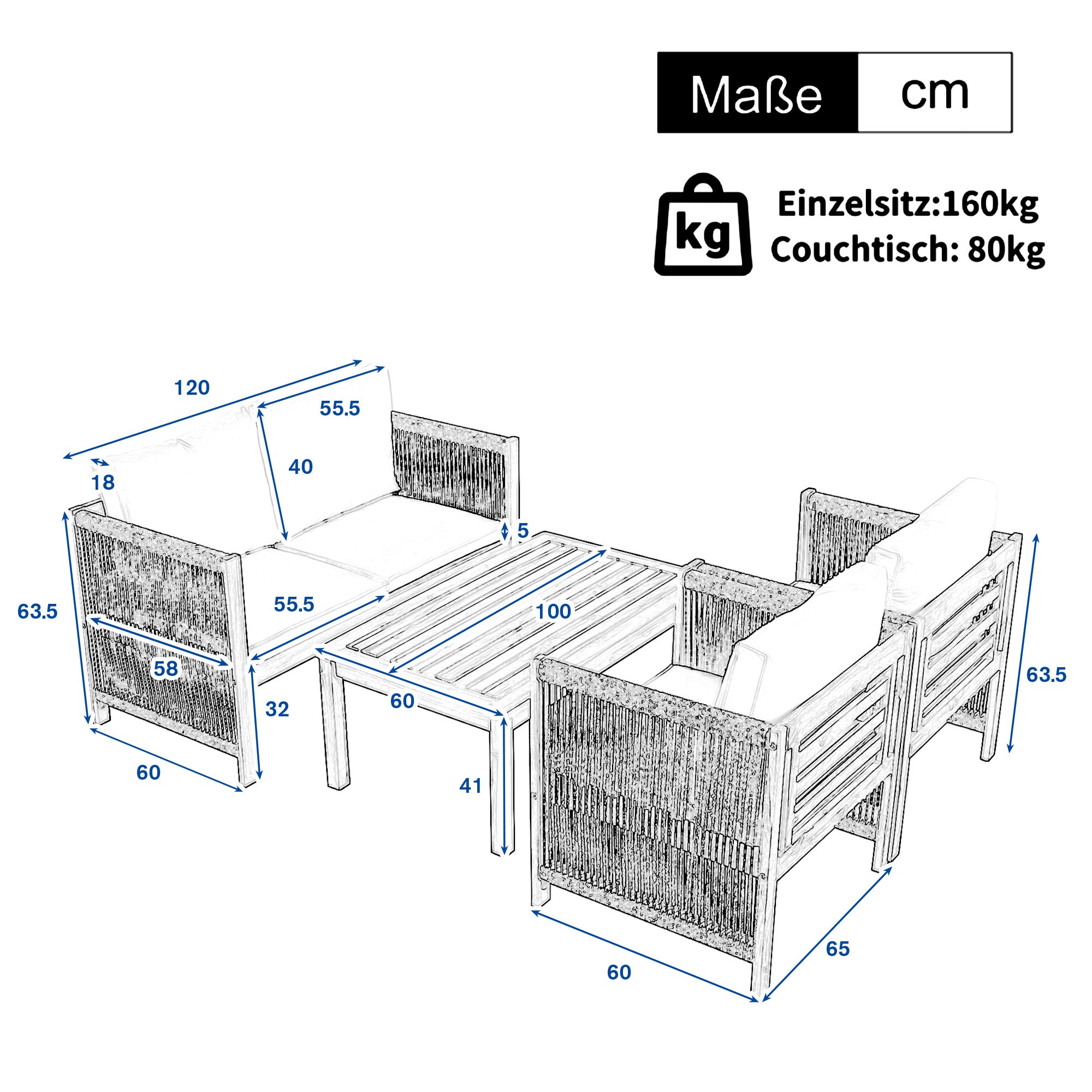 Garden Lounge Set with Sofa, 2 Armchairs and Table, Grey Rattan Look and Acacia Wood