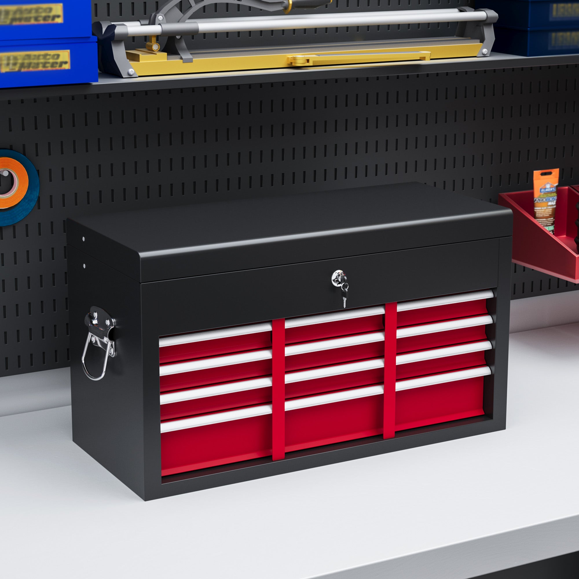 Tool box 6 drawers with lock and handle, steel red and black