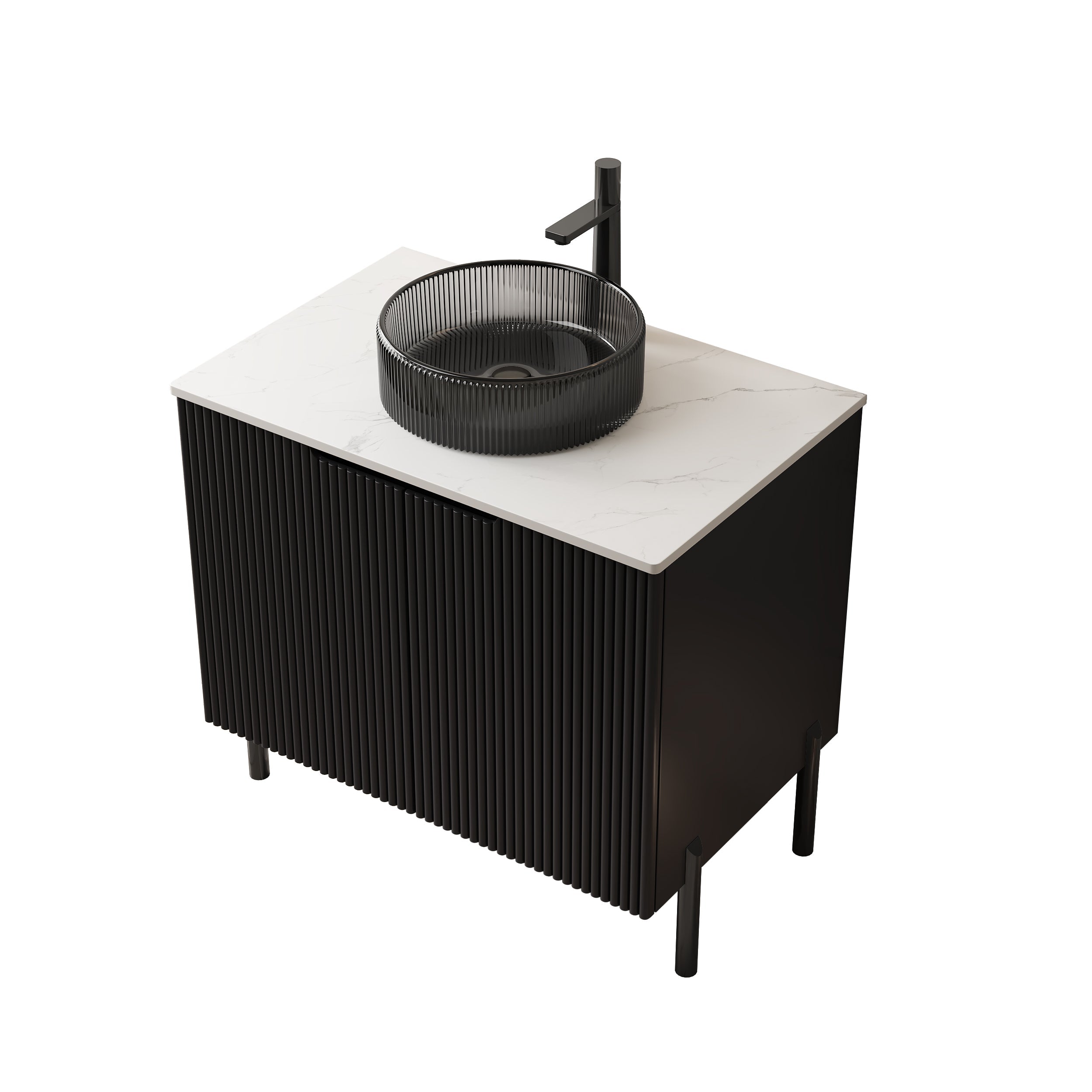 TURIO 76cm Freestanding Bathroom Vanity Unit with Round Glass Basin, Sintered Stone Countertop, Black Finish