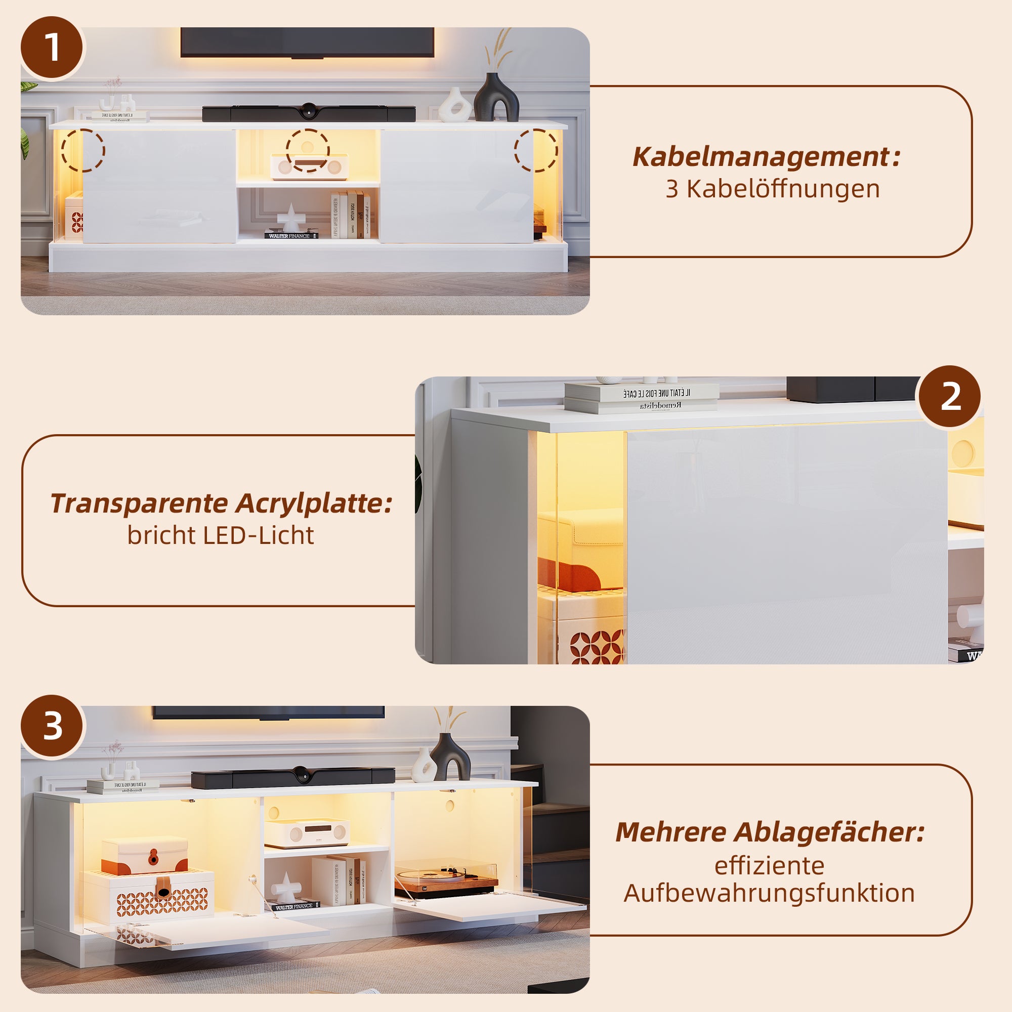 TV Cabinet with LED Storage, Floor-Standing, 70-inch TV Compatible, High-Gloss White