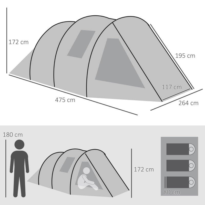 Two Room Tunnel Tent, 3-4 Man Camping with Windows, Green