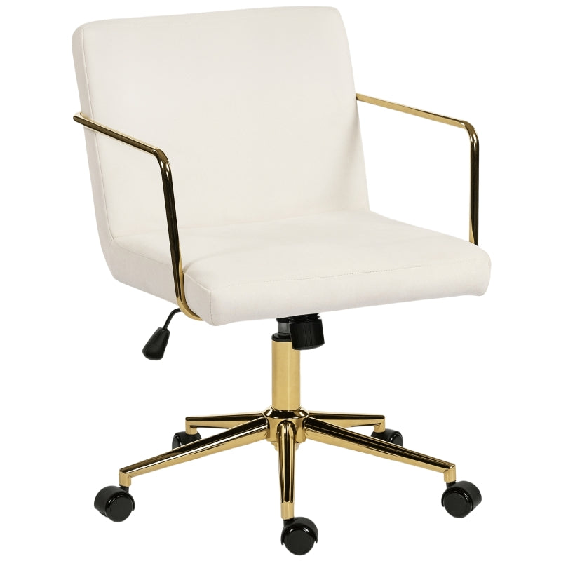 Rolling Office Chair Gold Accents Velvet Look Metal Base - Cream White