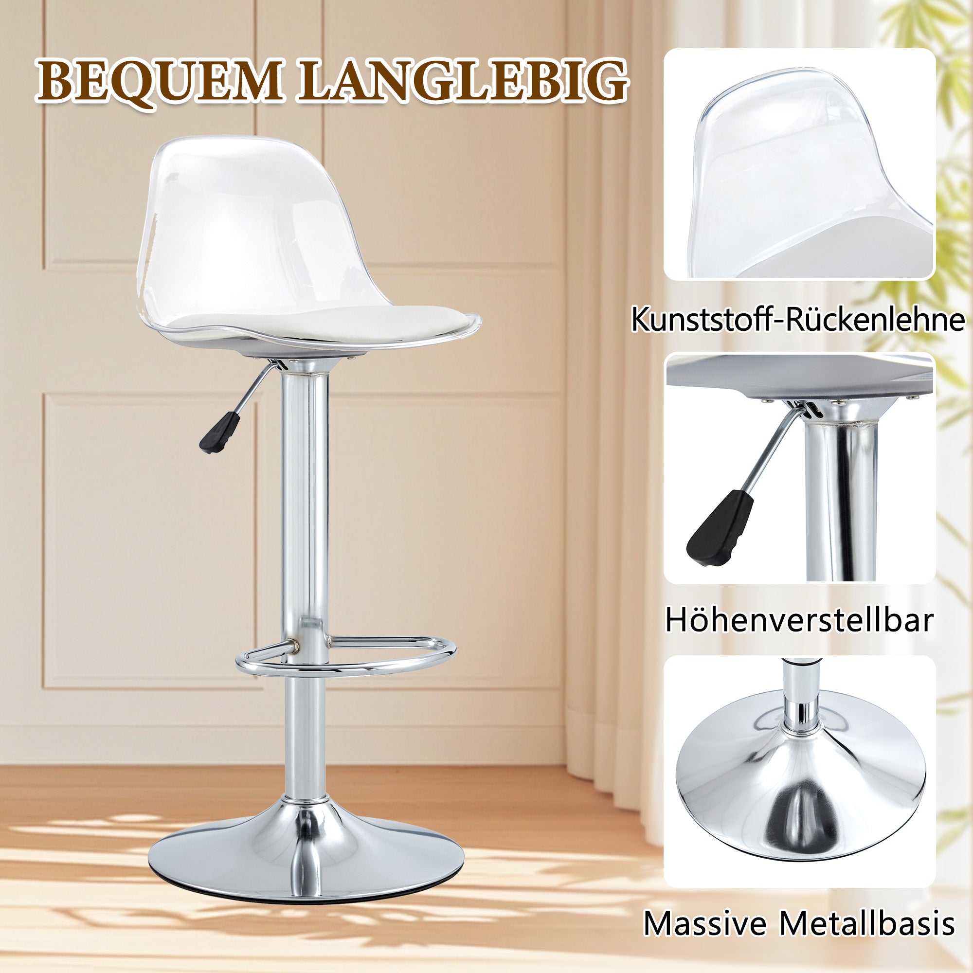 Flexible Bar Set, 89cm Glass Table + 2 Height-Adjustable Stools, Silver-Colored Metal