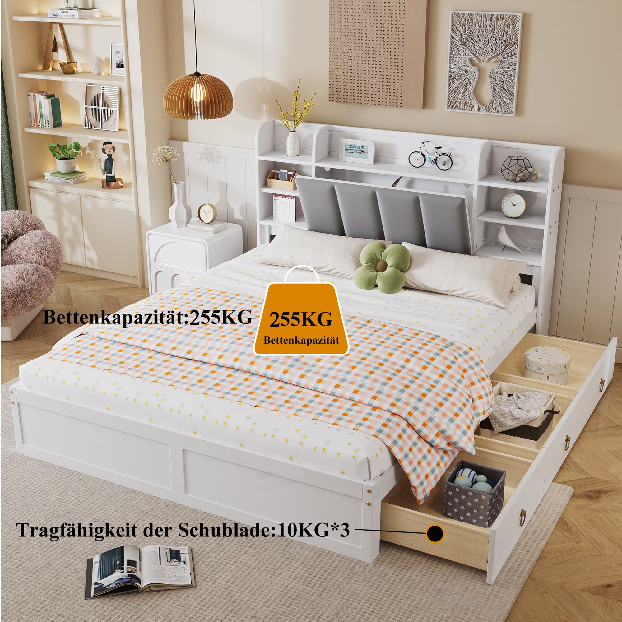 Double Bed, Open Shelf, 3 Drawers, Pine Frame, White+Grey