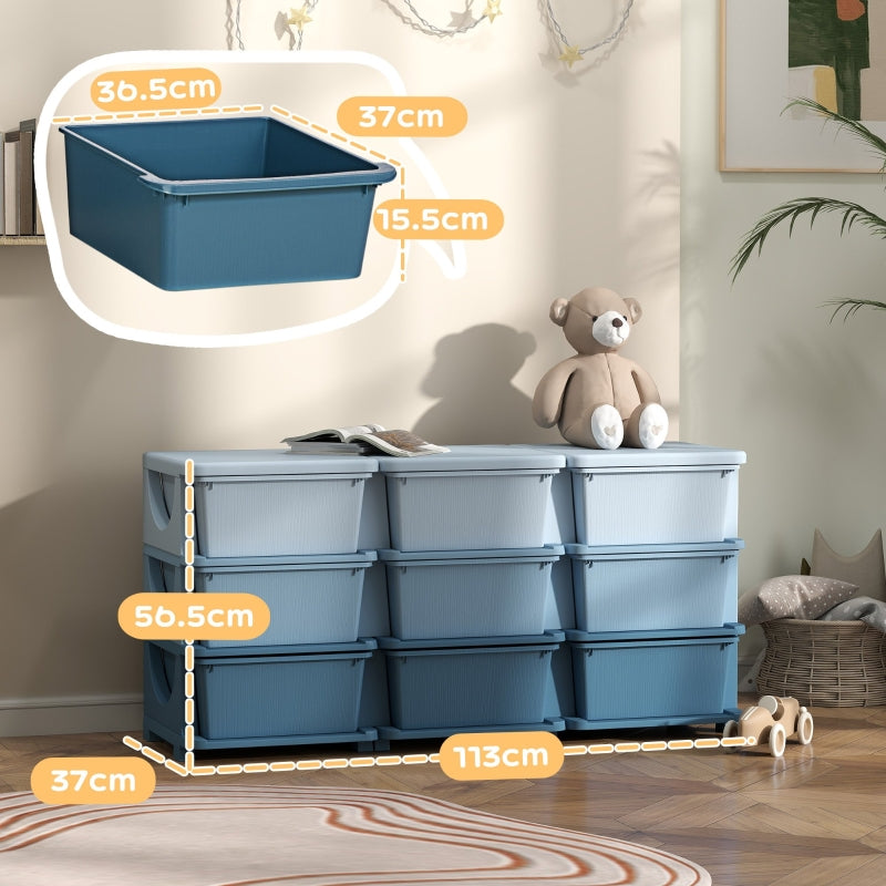 Kids Storage Unit, Nine Drawer Polypropylene - Blue