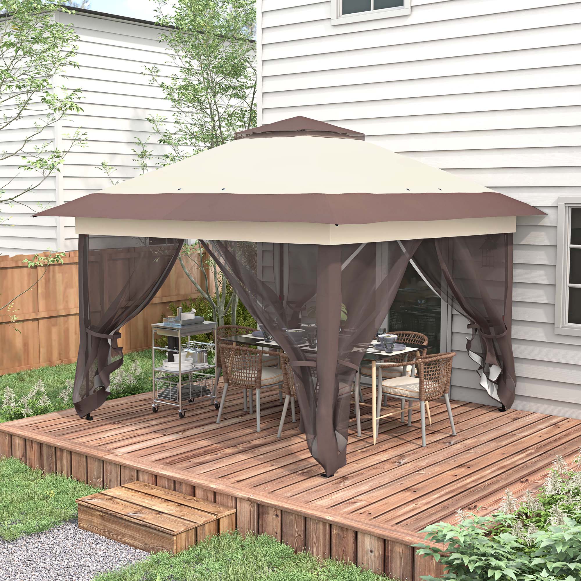 Pop up Gazebo 3.6 x 3.6m Height Adjustable with Netting, Khaki