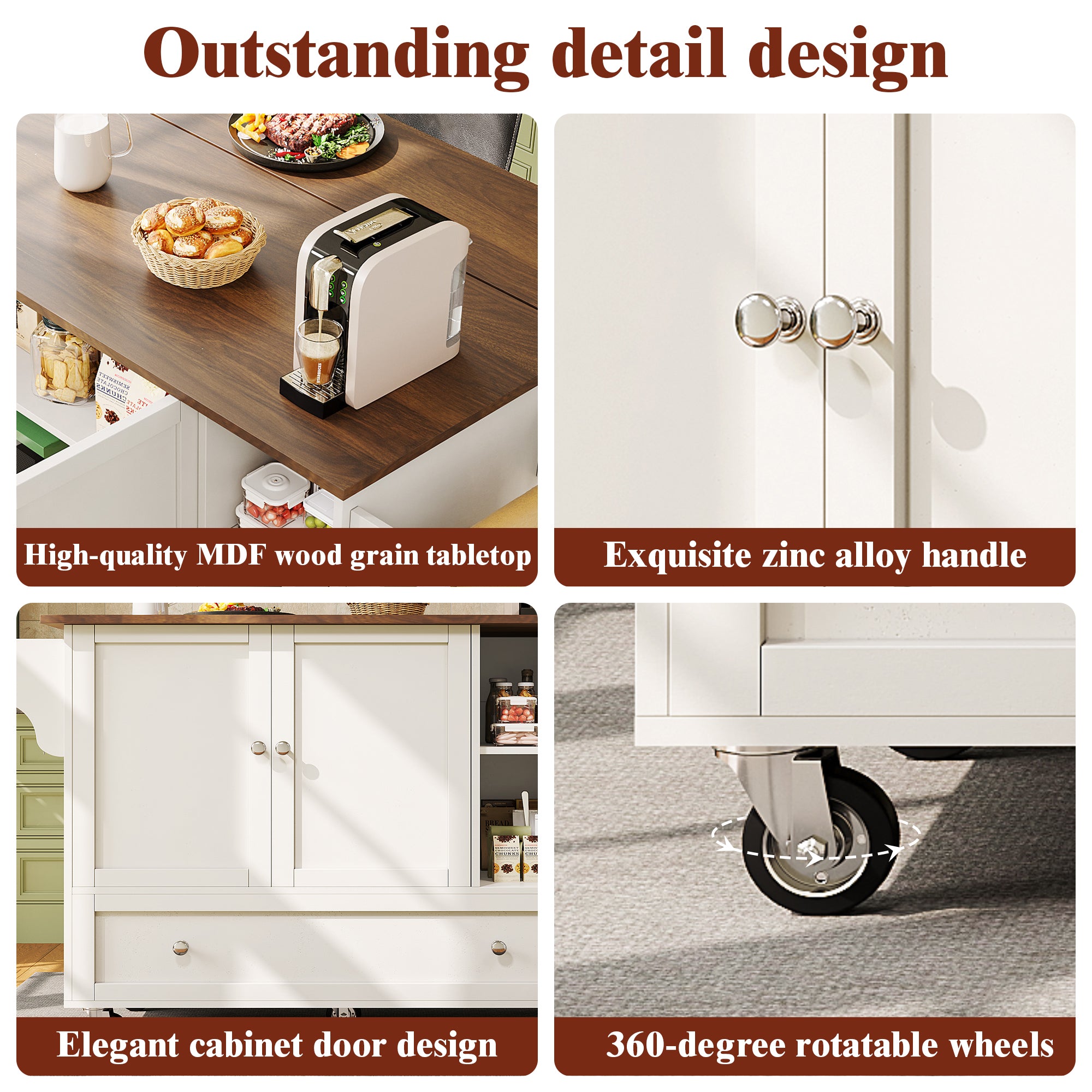 Kitchen Trolley, Removable Dining with Open Storage & Towel Rail, White Wood Grain