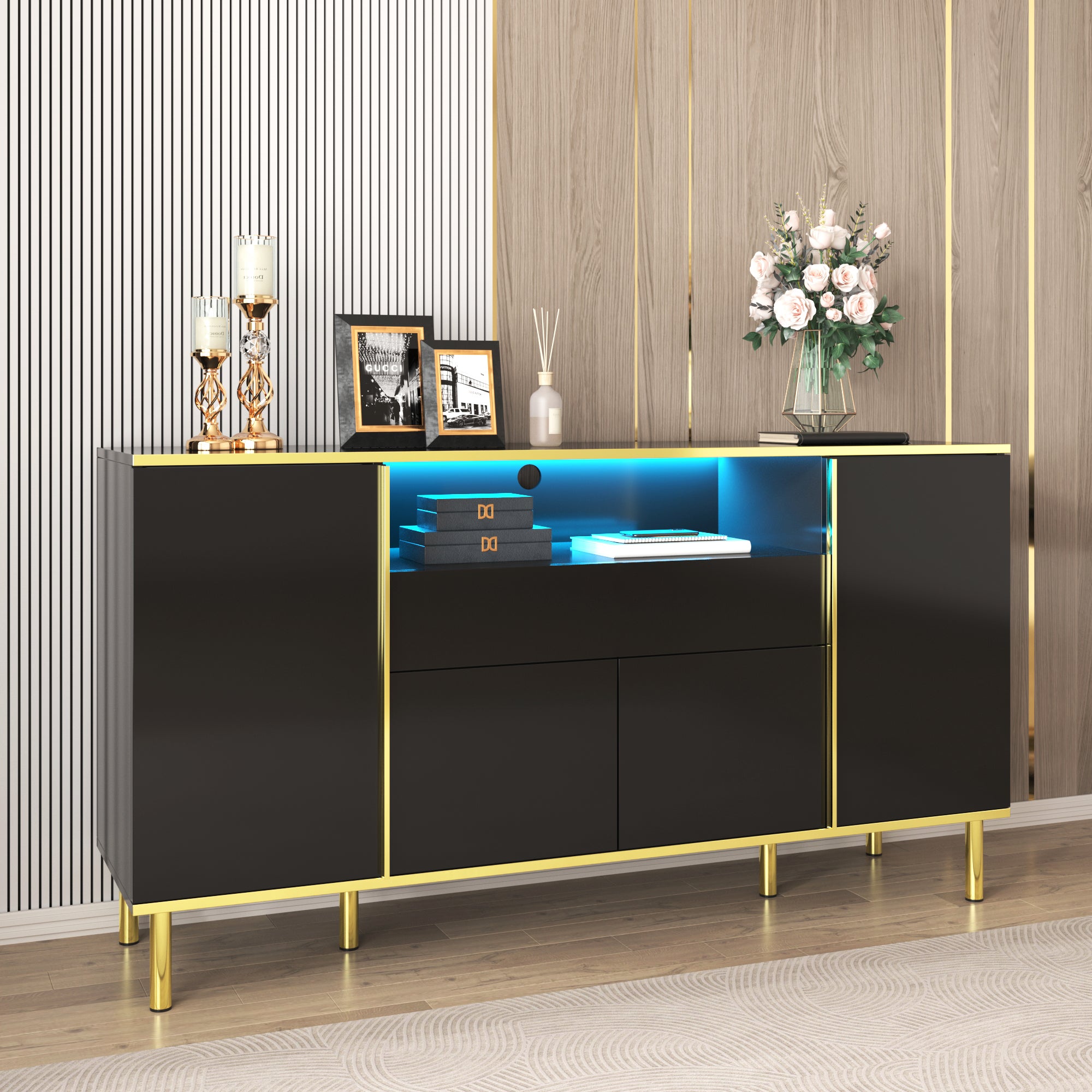 Sideboard, High-Gloss with 1 Drawer, Black